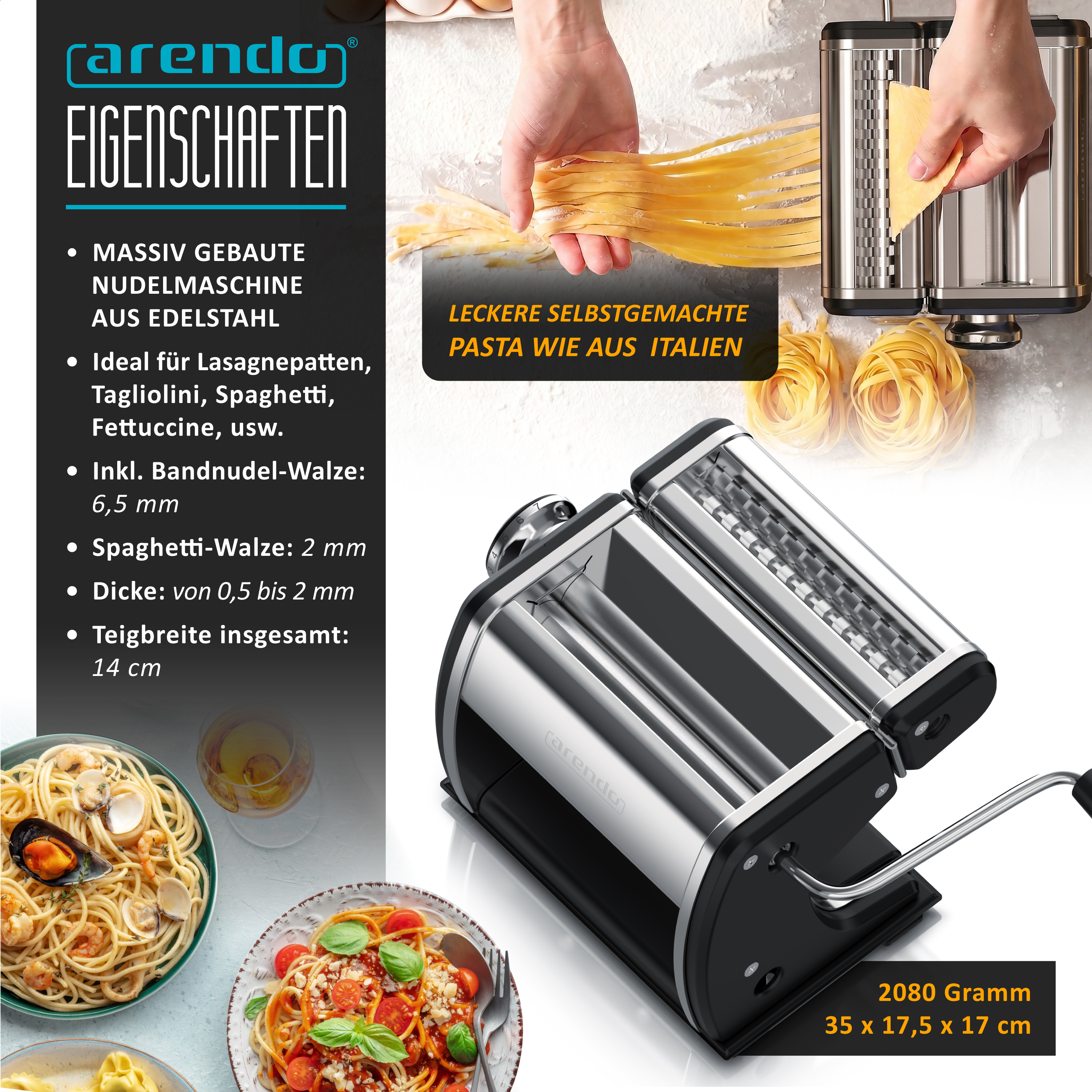 Edelstahl Nudelmaschine mit verschiedenen Walzen, Text auf Deutsch und Bilder von frischer Pasta.