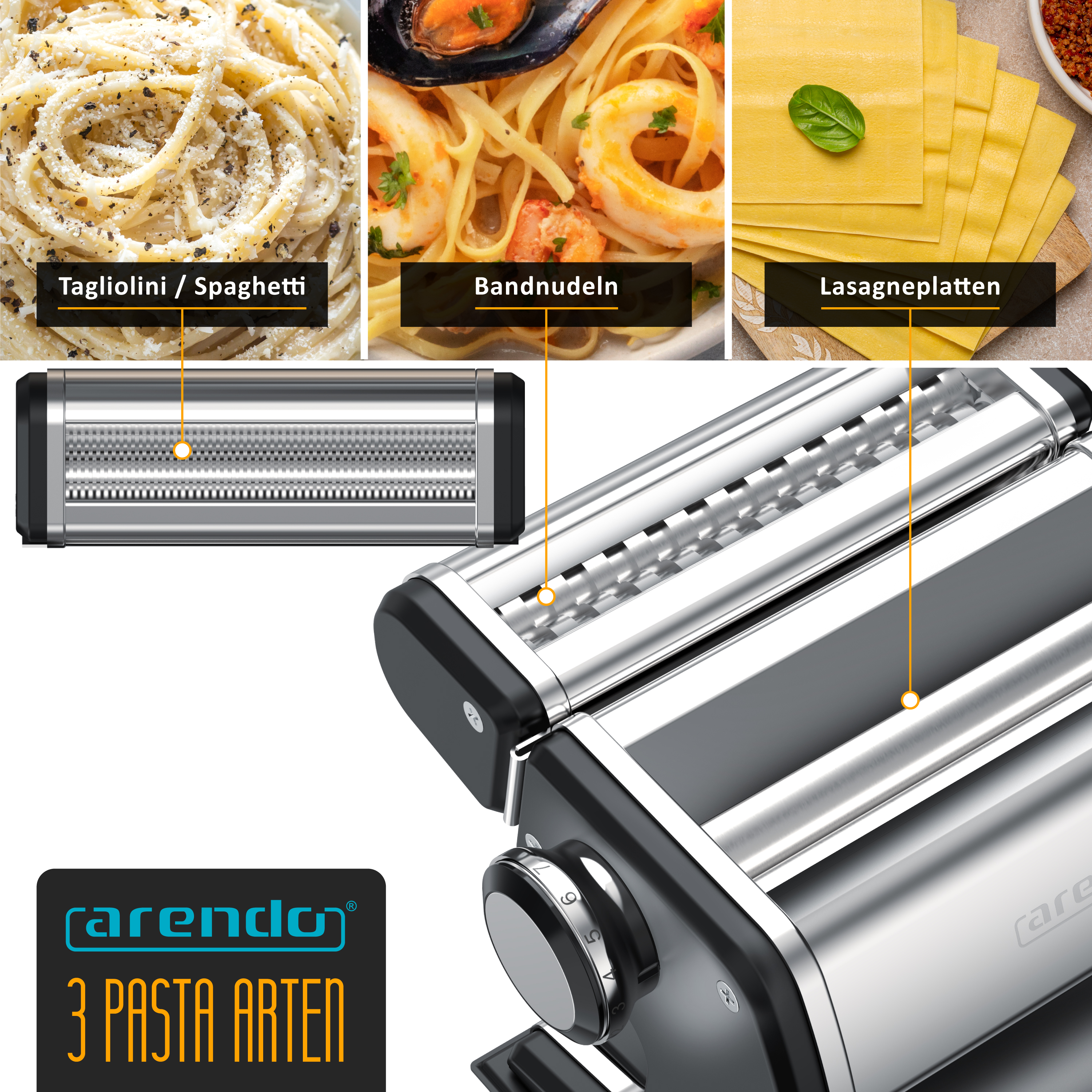 Arendo Nudelmaschinen-Aufsatz mit Rollen für Spaghetti, Bandnudeln und Lasagneplatten und Beispielfutter.