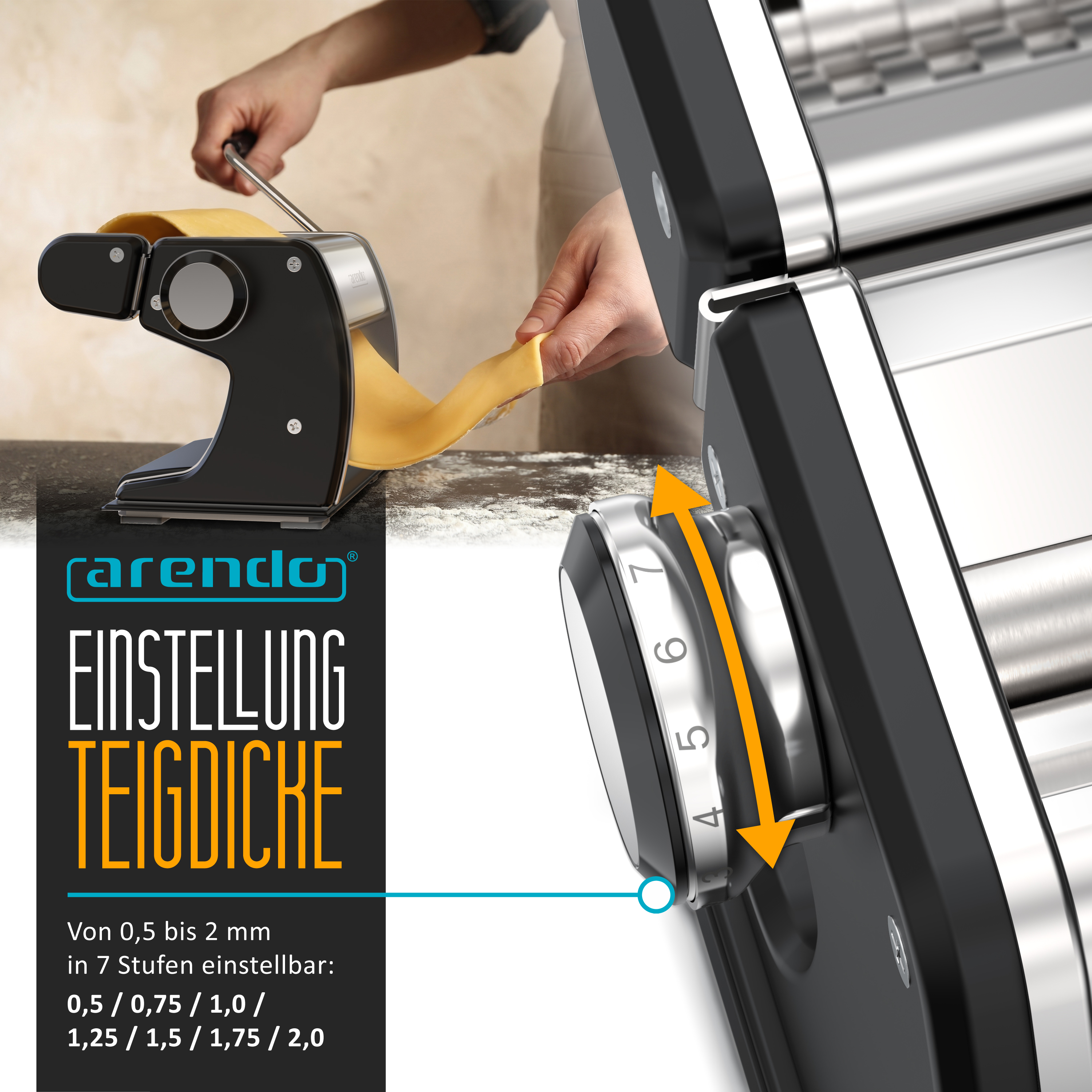 Nudelmaschine mit Drehregler für Teigdicke von 0,5 bis 2 mm in 7 Stufen.