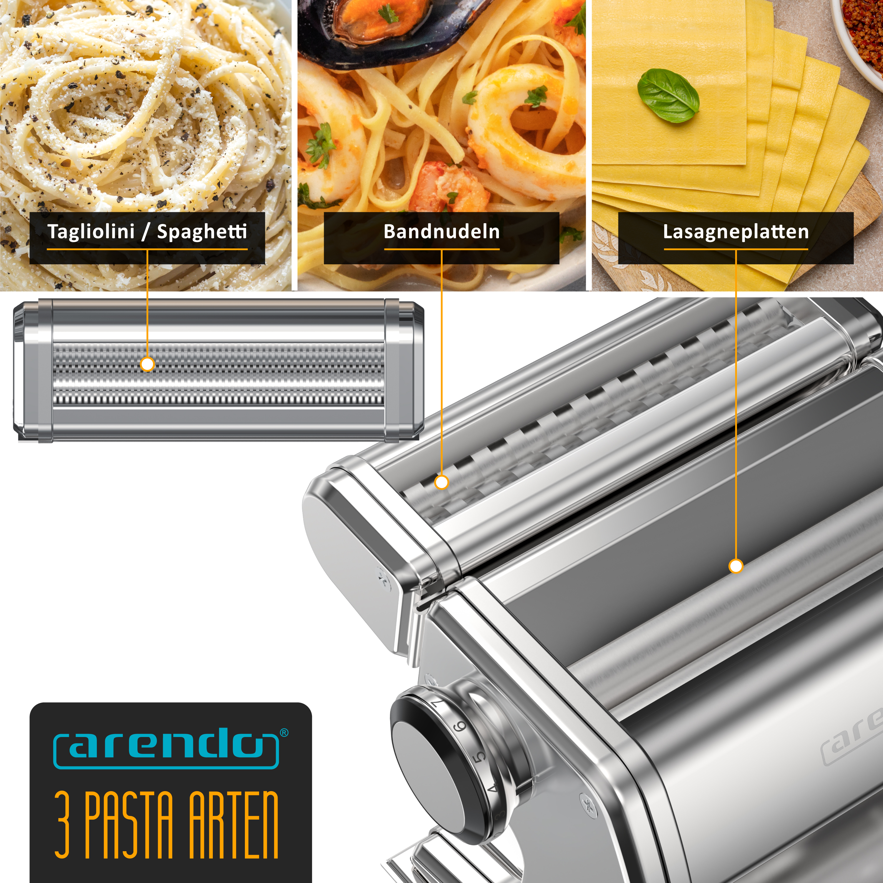 Edelstahl-Nudelmaschine mit drei Aufsätzen für Spaghetti, Bandnudeln und Lasagneplatten.