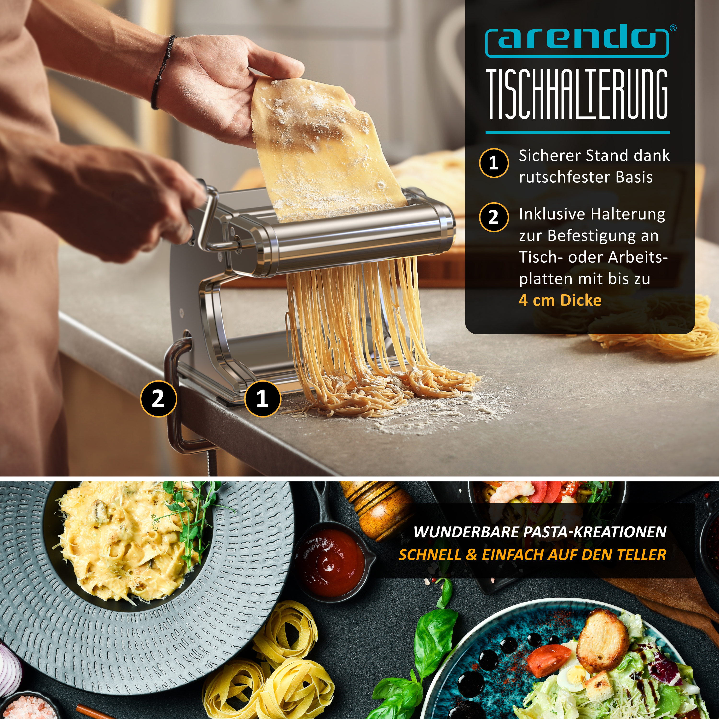 Eine Nudelmaschine auf einem Tisch verarbeitet Teig zu frischen Spaghetti, unten sind fertige Pastagerichte zu sehen.