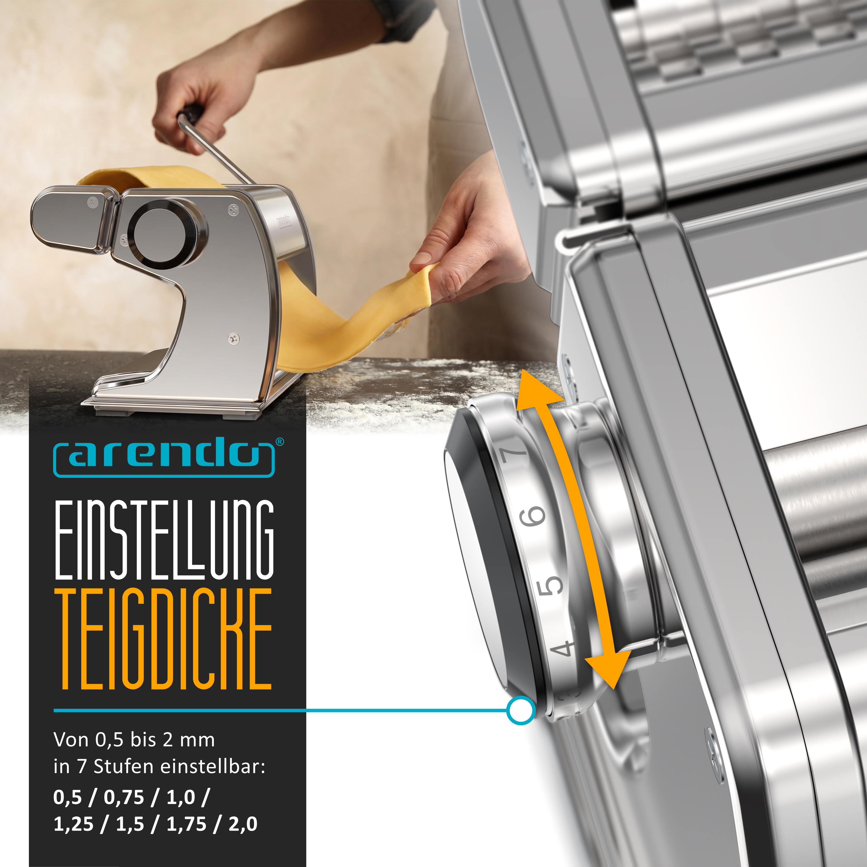 Eine Hand bedient eine Nudelmaschine, während ein Detailbild den Dickenregler zeigt.