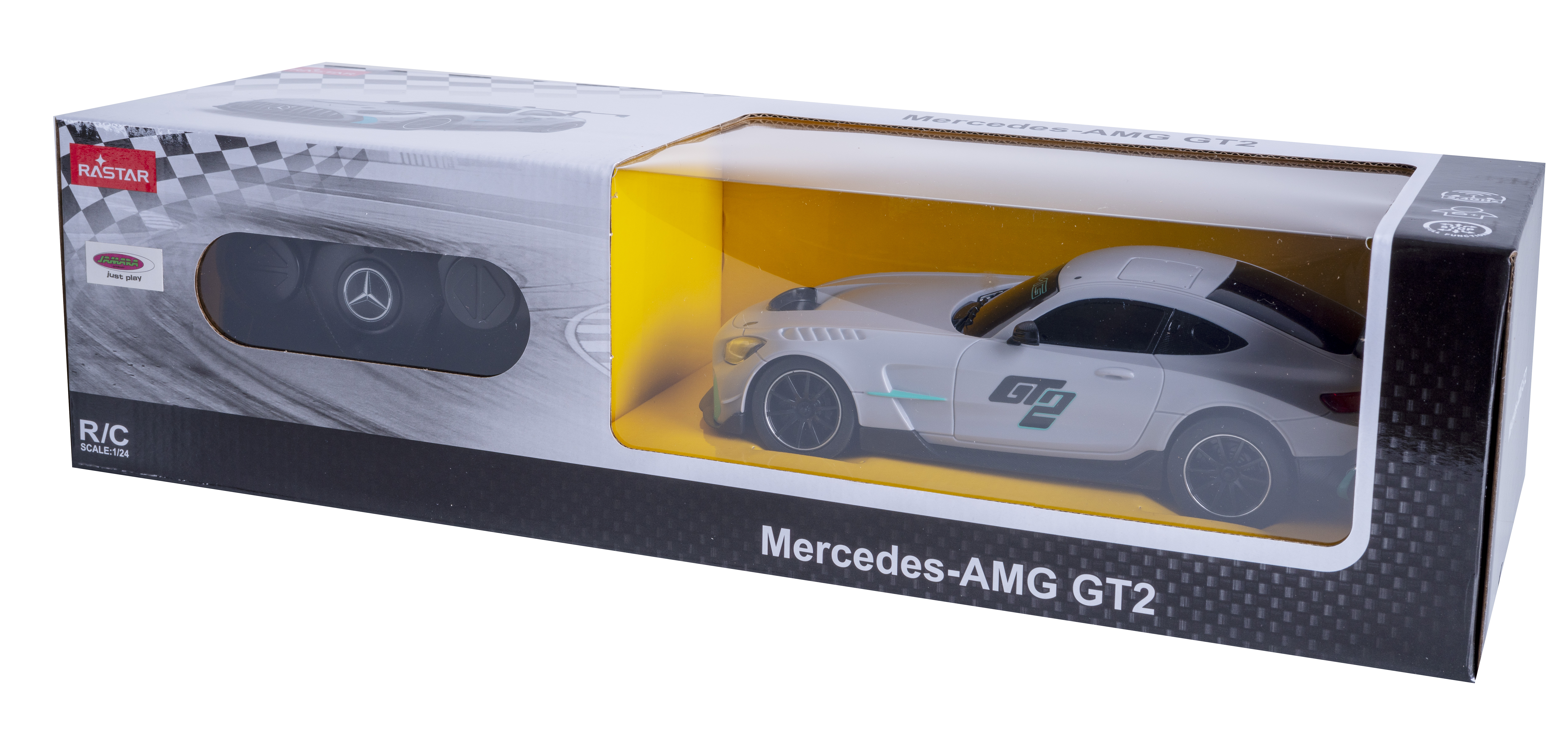 Ein weißes RASTAR Mercedes-AMG GT2 RC-Spielzeugauto in seiner Originalverpackung auf weißem Hintergrund.