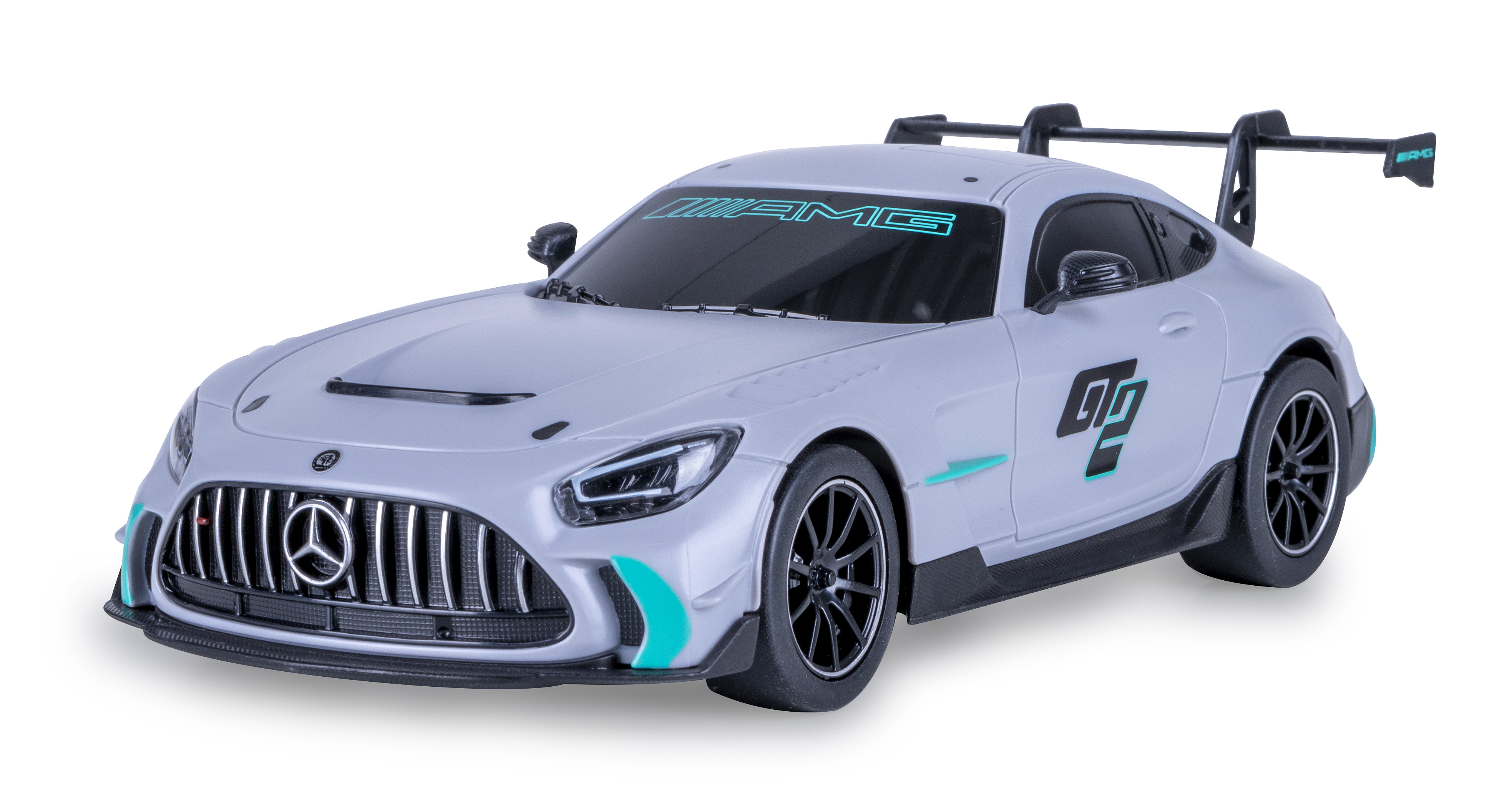 Ein graues Mercedes-AMG GT-Spielzeugauto mit grünen Akzenten und einem großen Heckflügel auf weißem Hintergrund.