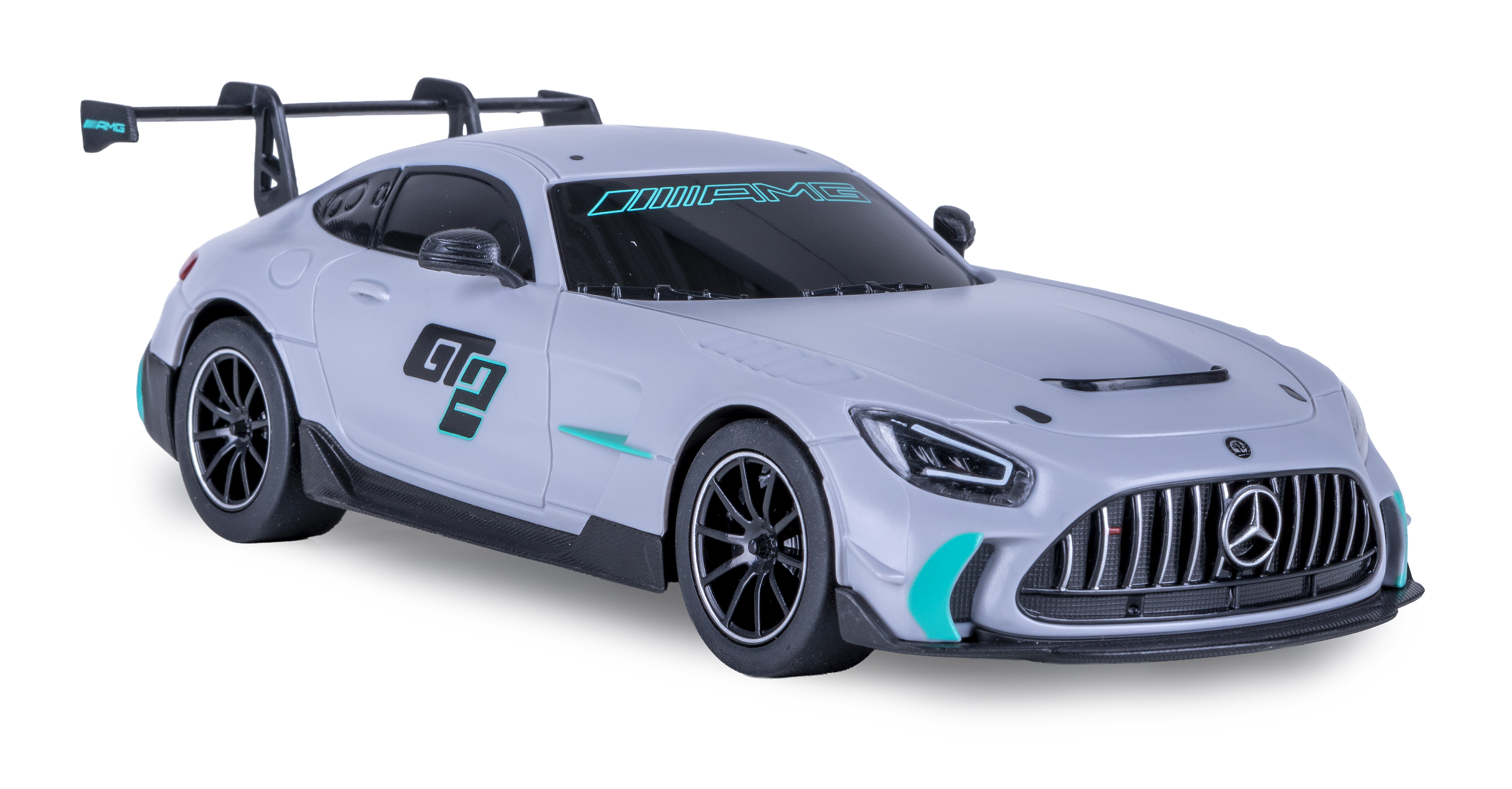 Ein graues Mercedes-AMG GT3 Spielzeugauto mit schwarzen Felgen und großem Heckspoiler vor weißem Hintergrund.