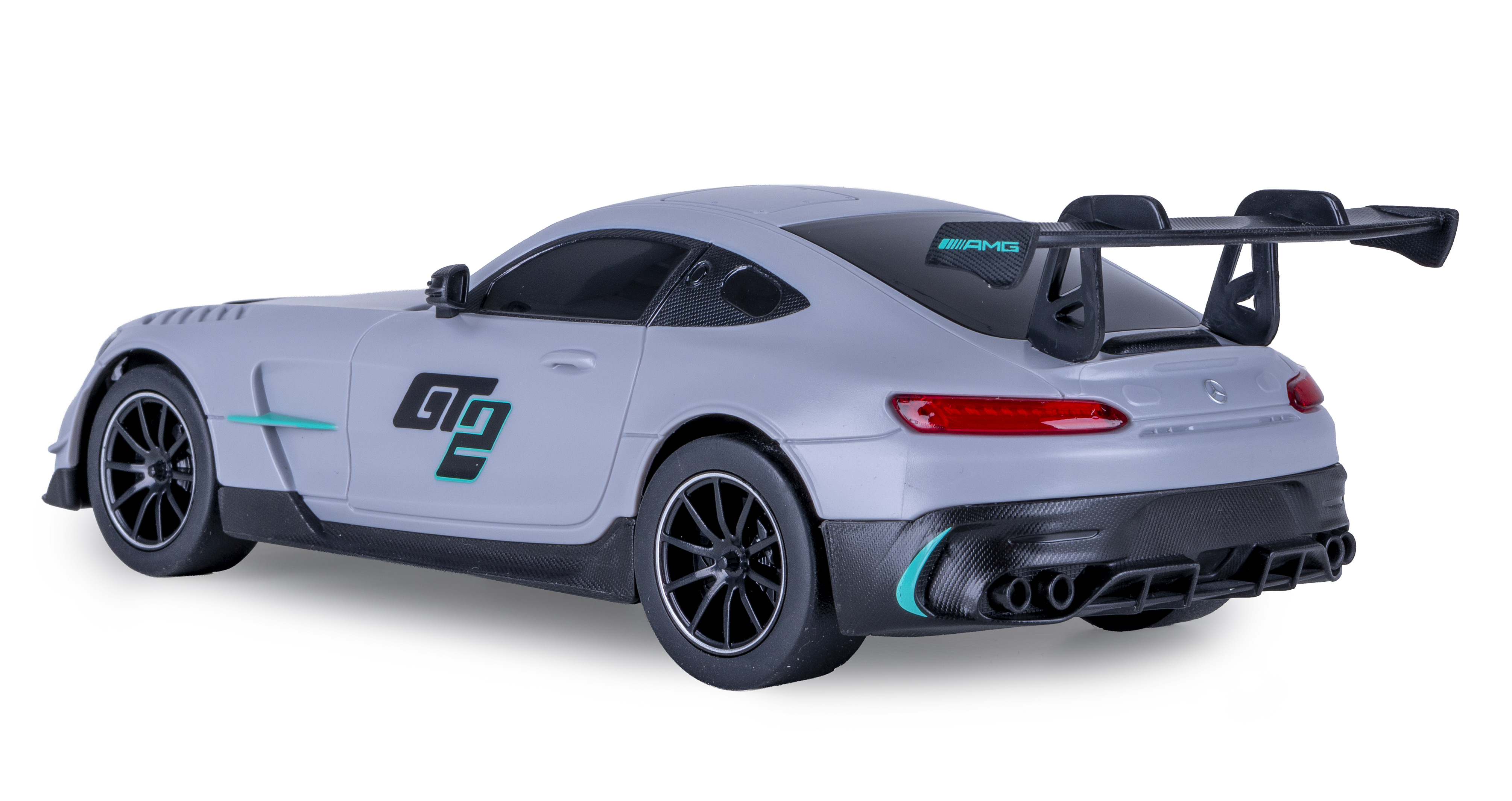 Ein graues Mercedes-AMG GT3 Spielzeugrennauto mit schwarzen Rädern, großem Heckflügel und türkisen Akzenten.