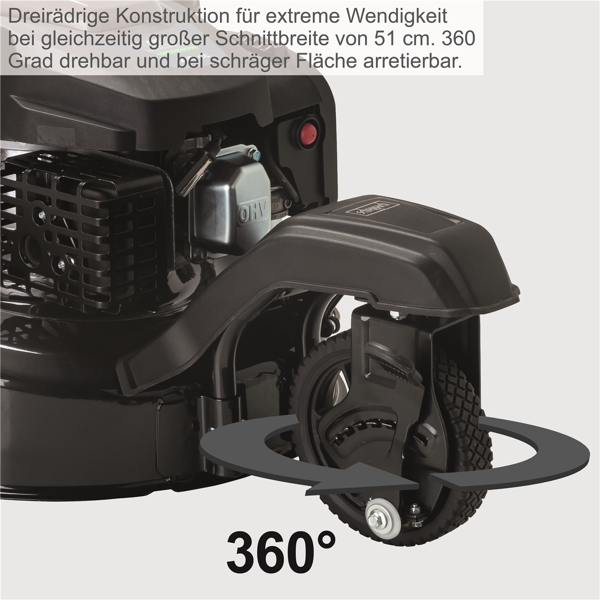 Rasenmäher mit 360-Grad-drehbarem Vorderrad für hohe Wendigkeit und Schnittbreite von 51 cm.