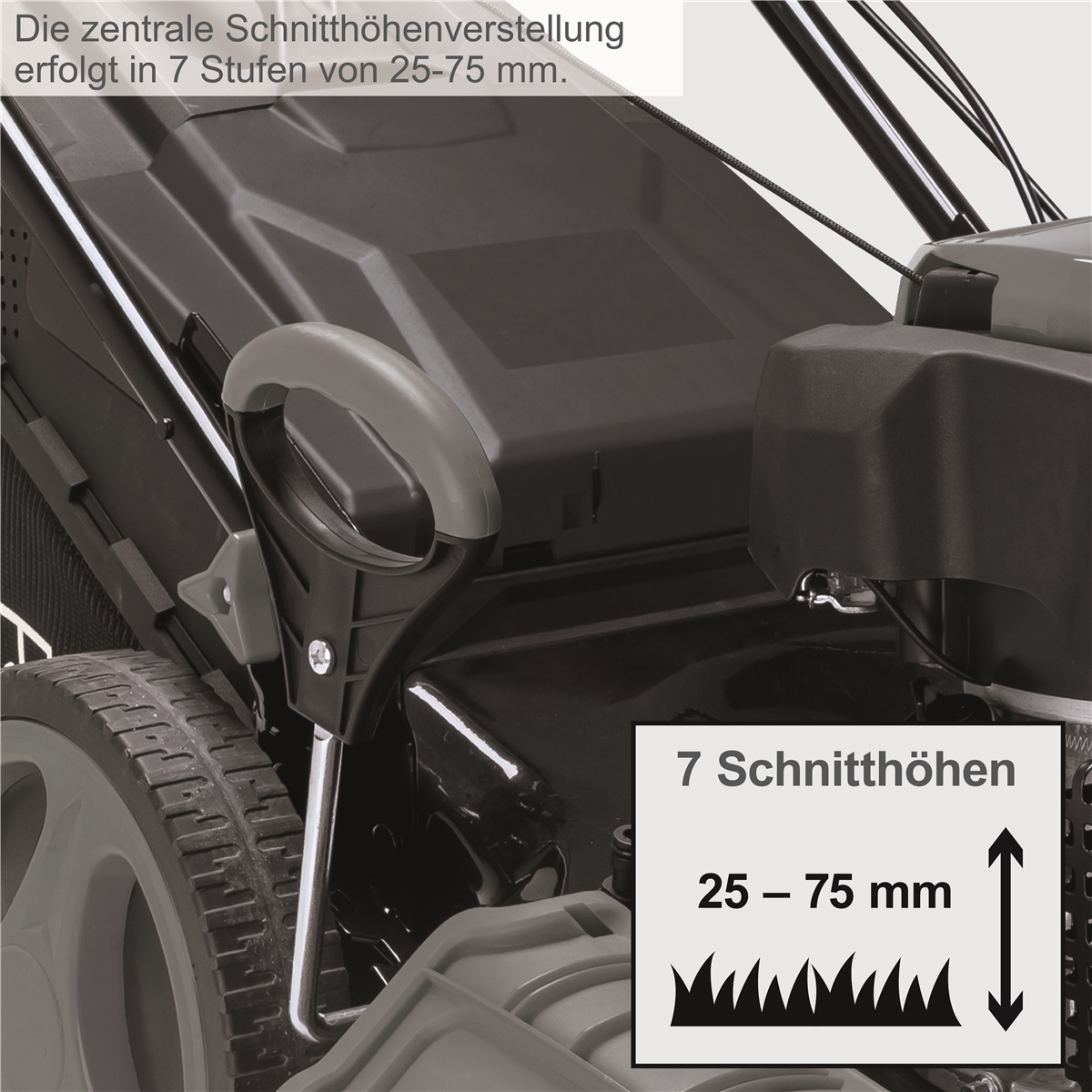 Nahaufnahme einer Rasenmäher-Schnitthöhenverstellung mit Text und Piktogramm für 7 Stufen von 25 bis 75 mm.