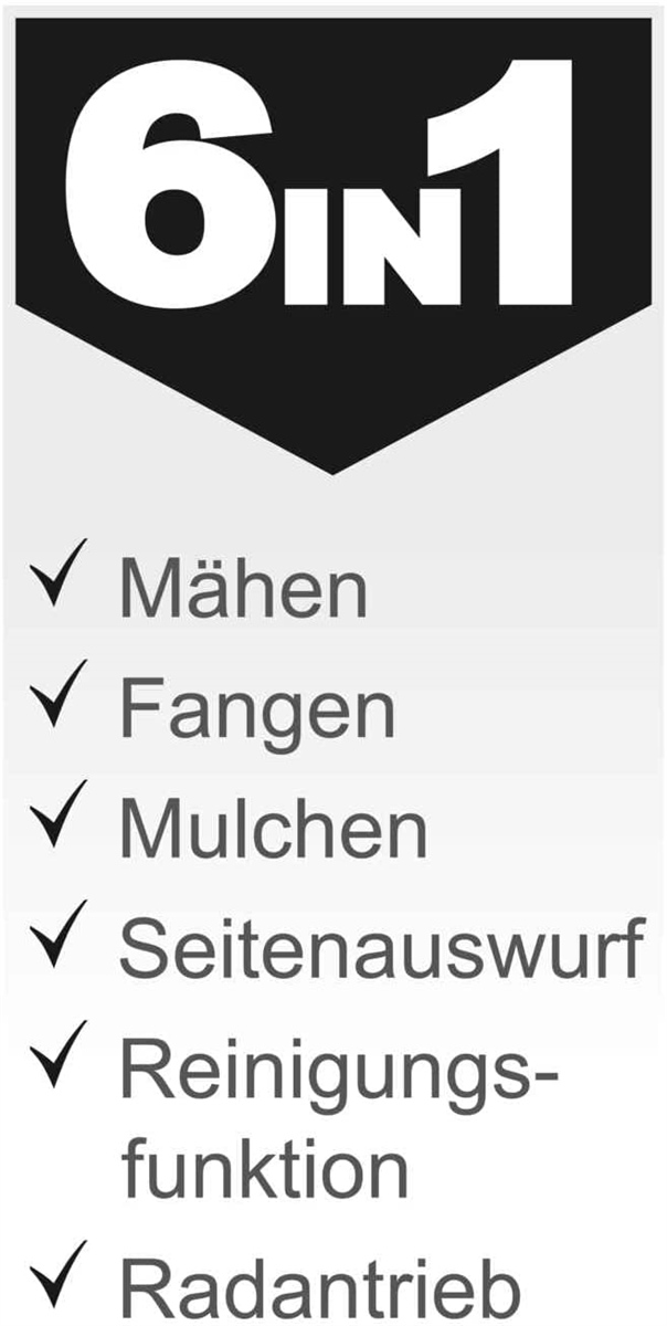 Ein schwarz-weißer Schriftzug "6in1" mit sechs aufgelisteten Funktionen und Häkchen.
