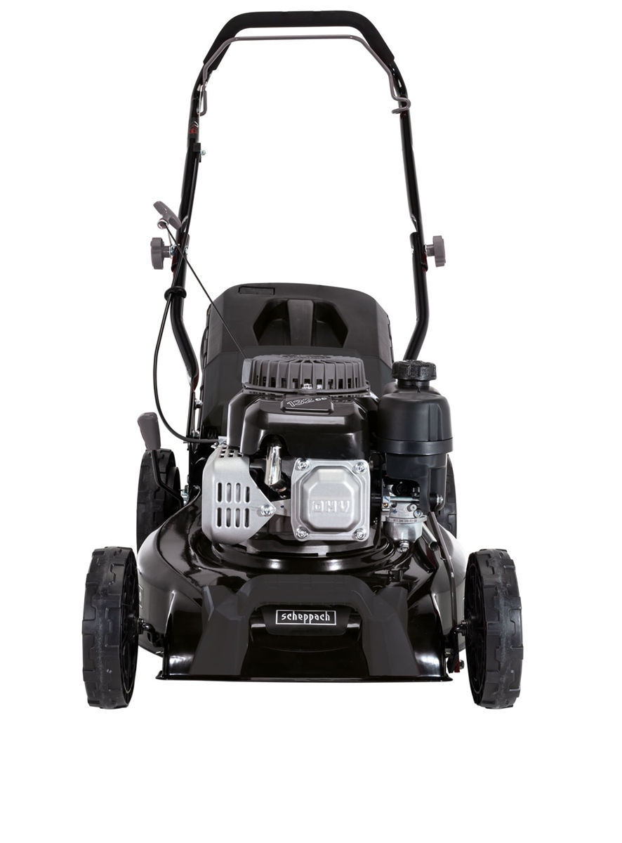 Frontalansicht eines schwarzen Benzinrasenmähers mit OHV-Motor auf weißem Hintergrund.