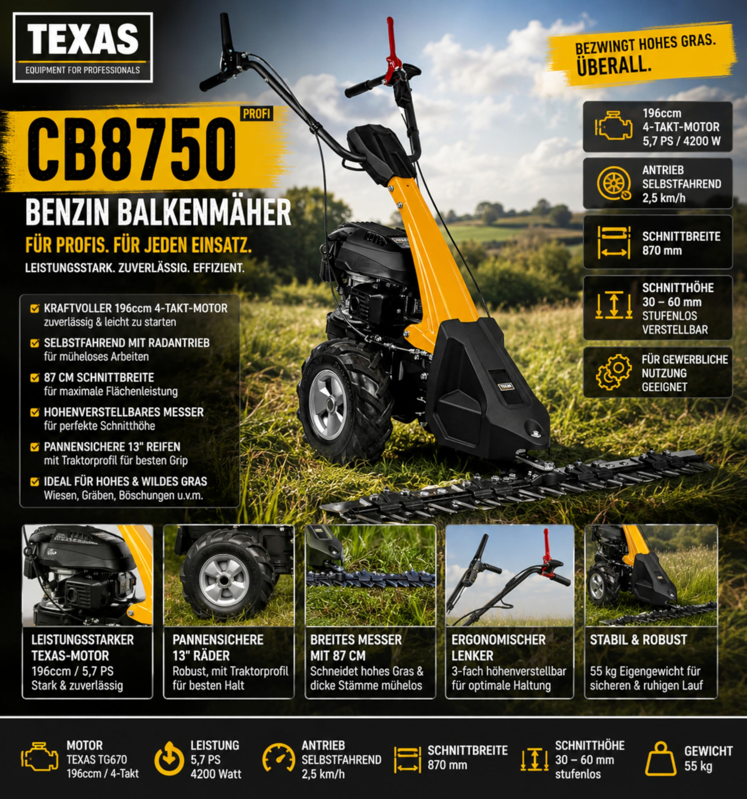 Texas CB8750 Benzin-Balkenmäher auf einer Wiese mit technischen Details und Produktbildern.