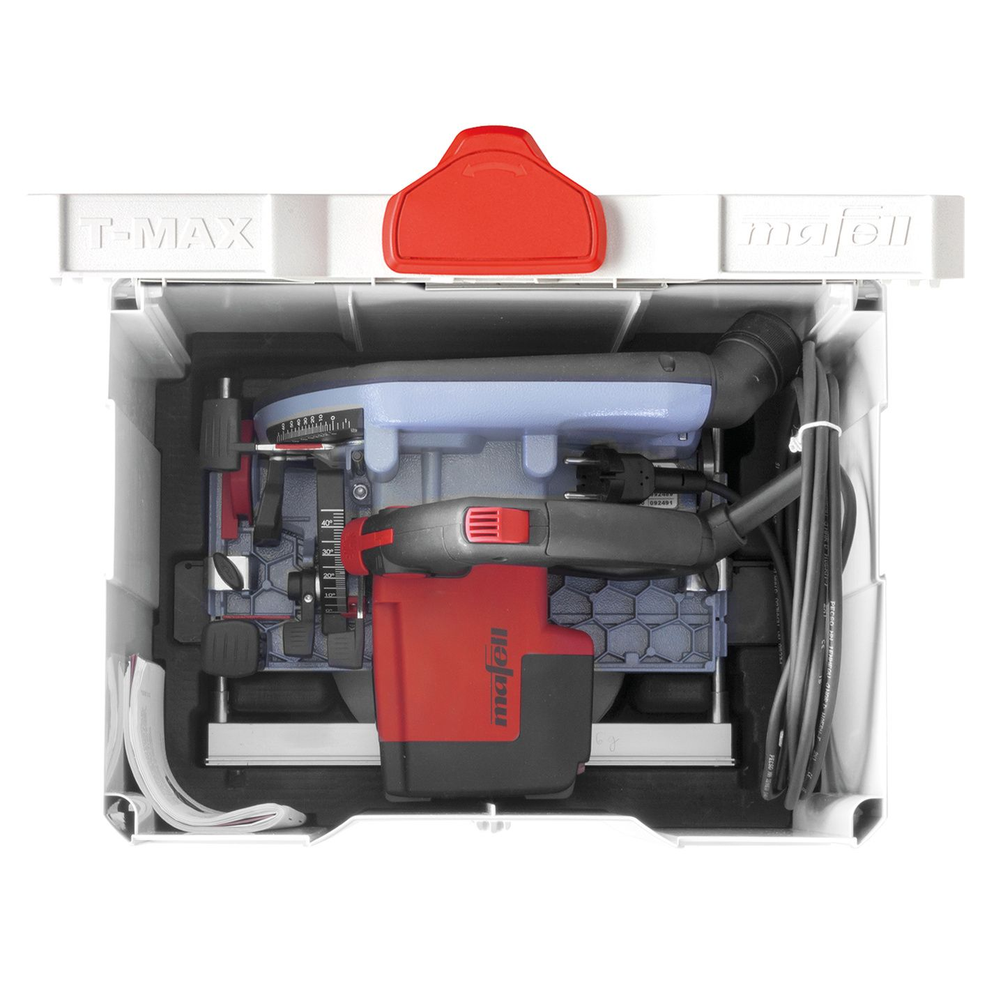 Eine Mafell T-Max Transportbox enthält eine rote und blaue Handkreissäge mit Kabel.