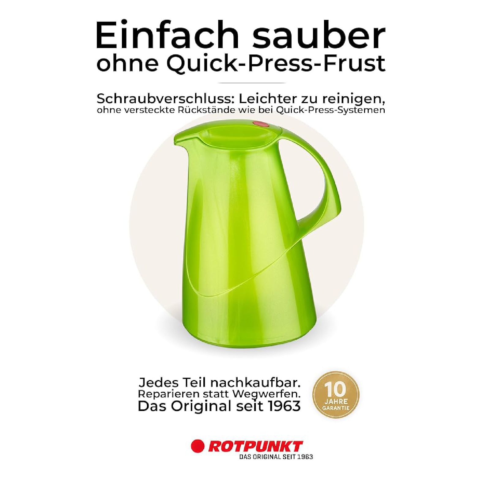 Grüne Rotpunkt Thermoskanne mit Werbetext und 10 Jahren Garantie.