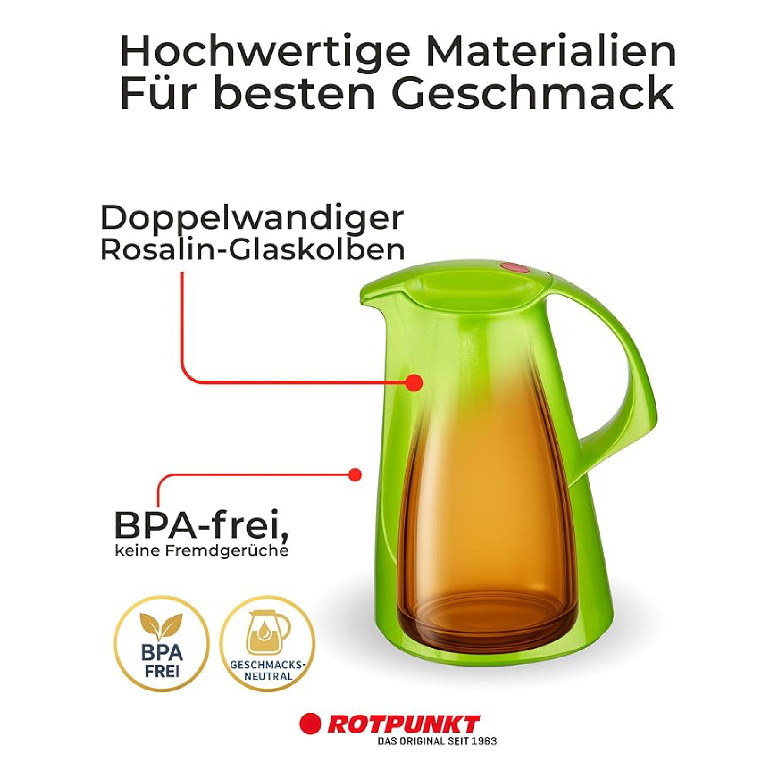 Grüne Isolierkanne mit doppelwandigem Glaskolben, BPA-frei und geschmacksneutral, mit Texten und Logos.