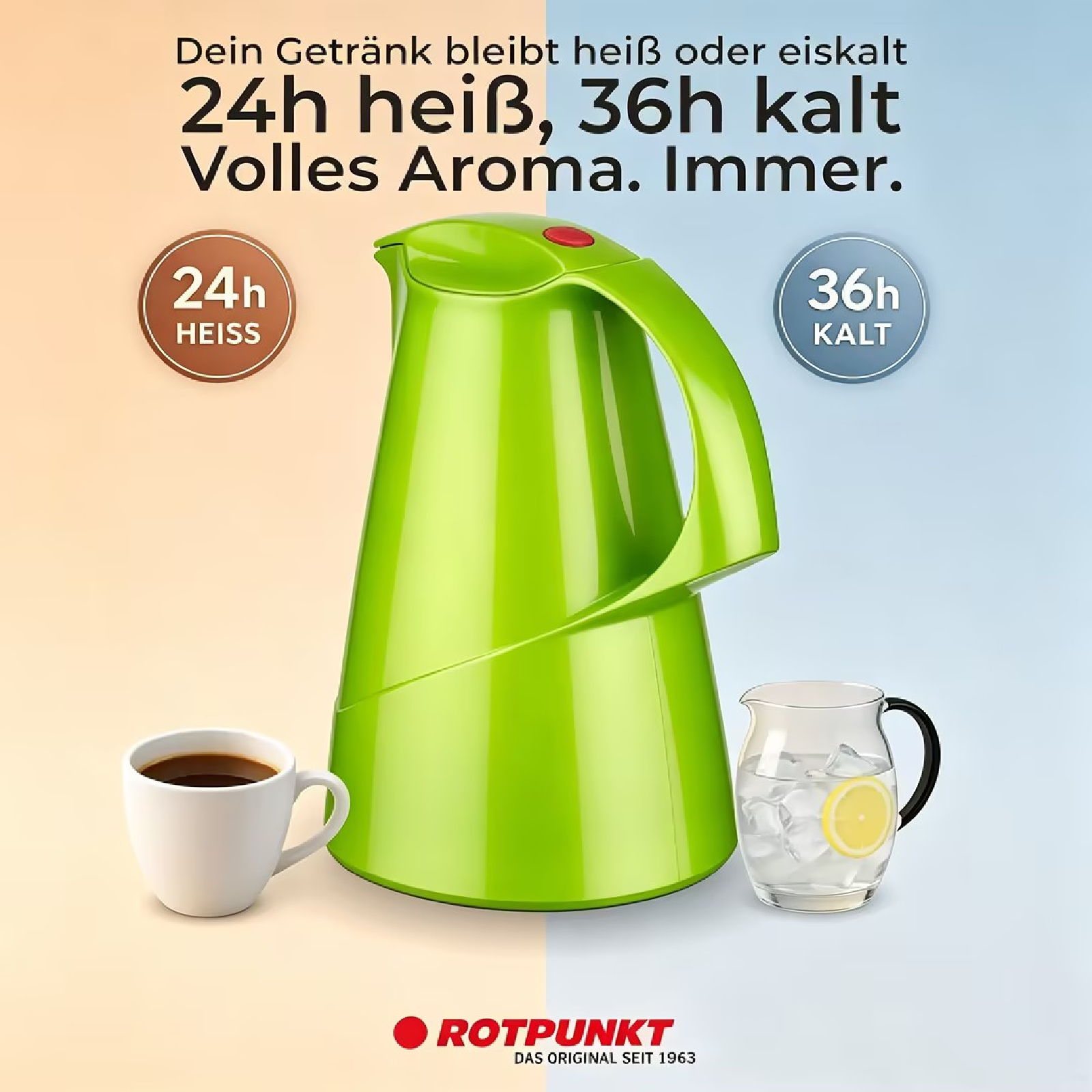 Grüne Isolierkanne mit einer Kaffeetasse und einer Karaffe mit Eiswasser und Zitrone vor zweifarbigem Hintergrund.