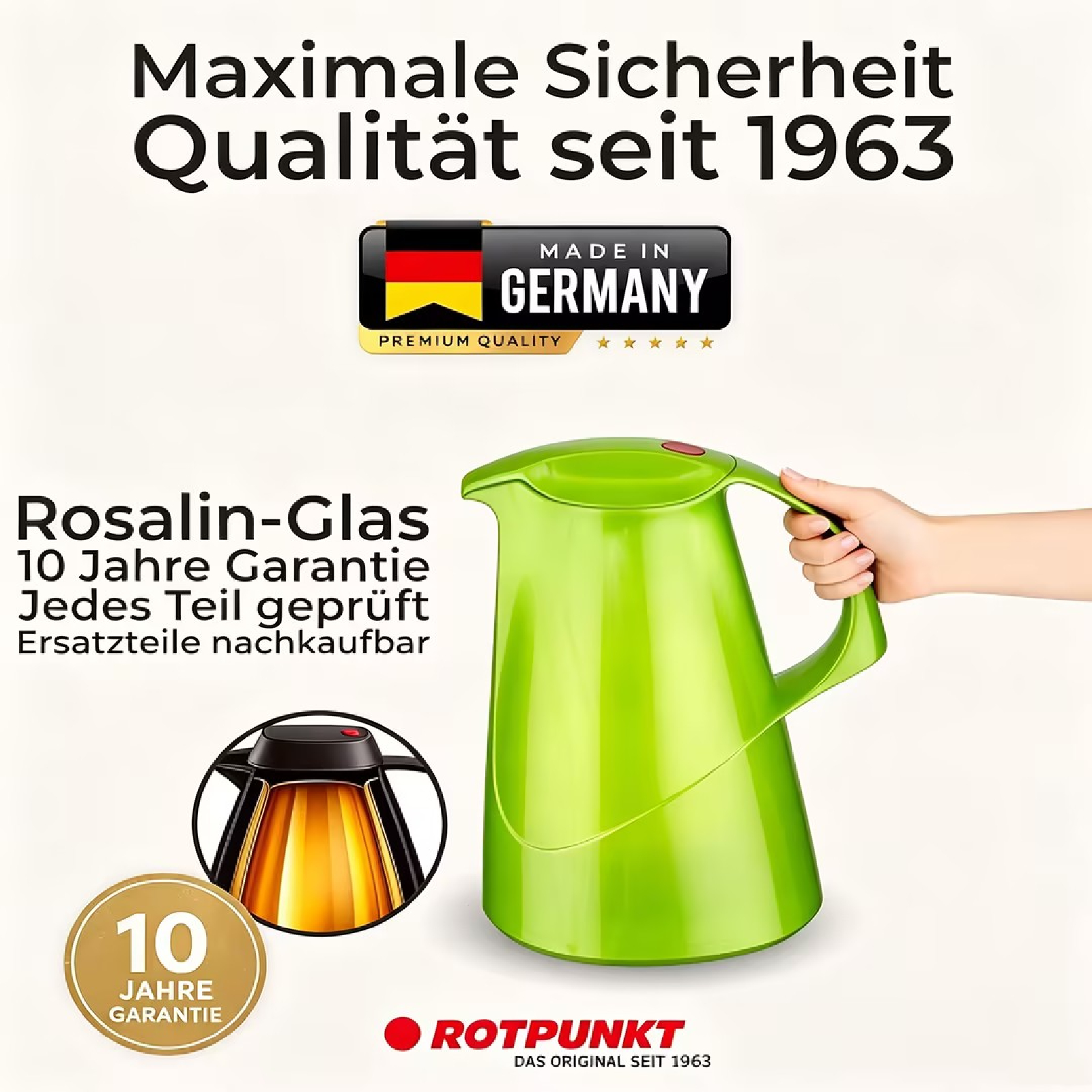 Grüne Rotpunkt Thermoskanne mit deutschem Gütesiegel und Text über 10 Jahre Garantie auf beigem Hintergrund.