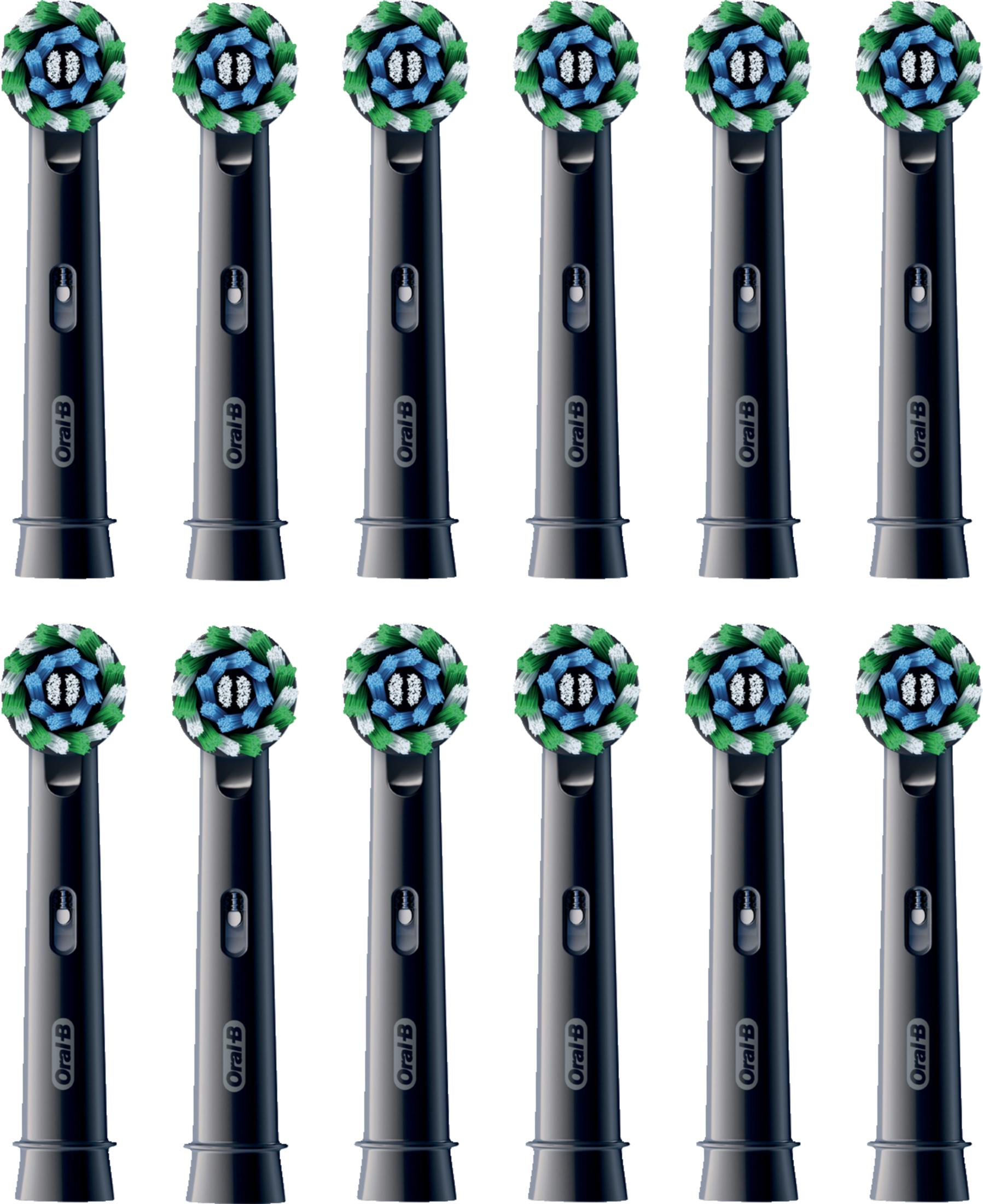 Zwölf schwarze Oral-B Ersatzbürsten mit grün-weiß-blauen Borsten in zwei Reihen.