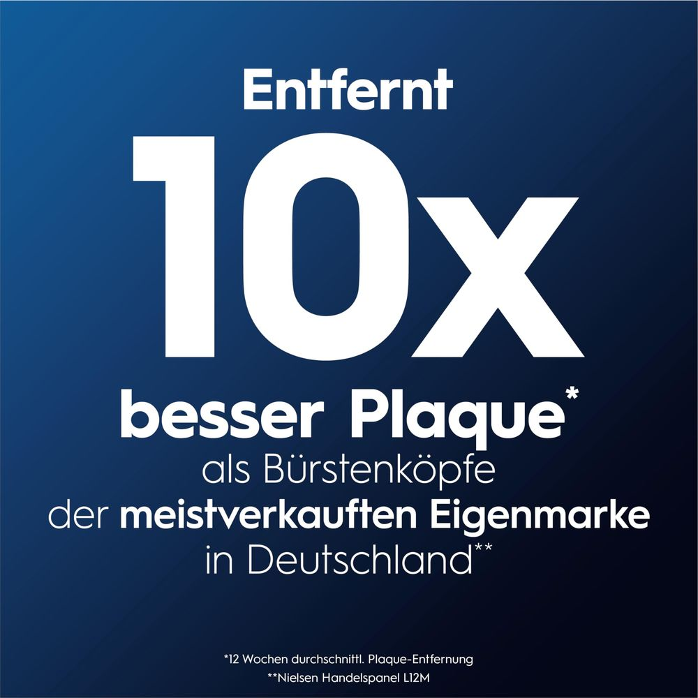 Blaues Werbebild mit weißem Text: Entfernt 10x besser Plaque.