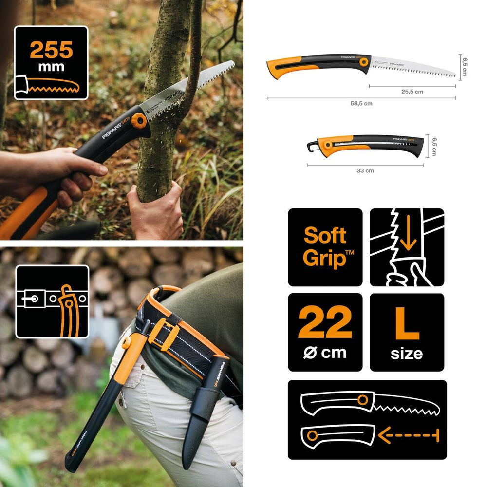 Eine Fiskars-Gartensäge mit Maßen, weichem Griff und Gürtelhalterung im Einsatz.