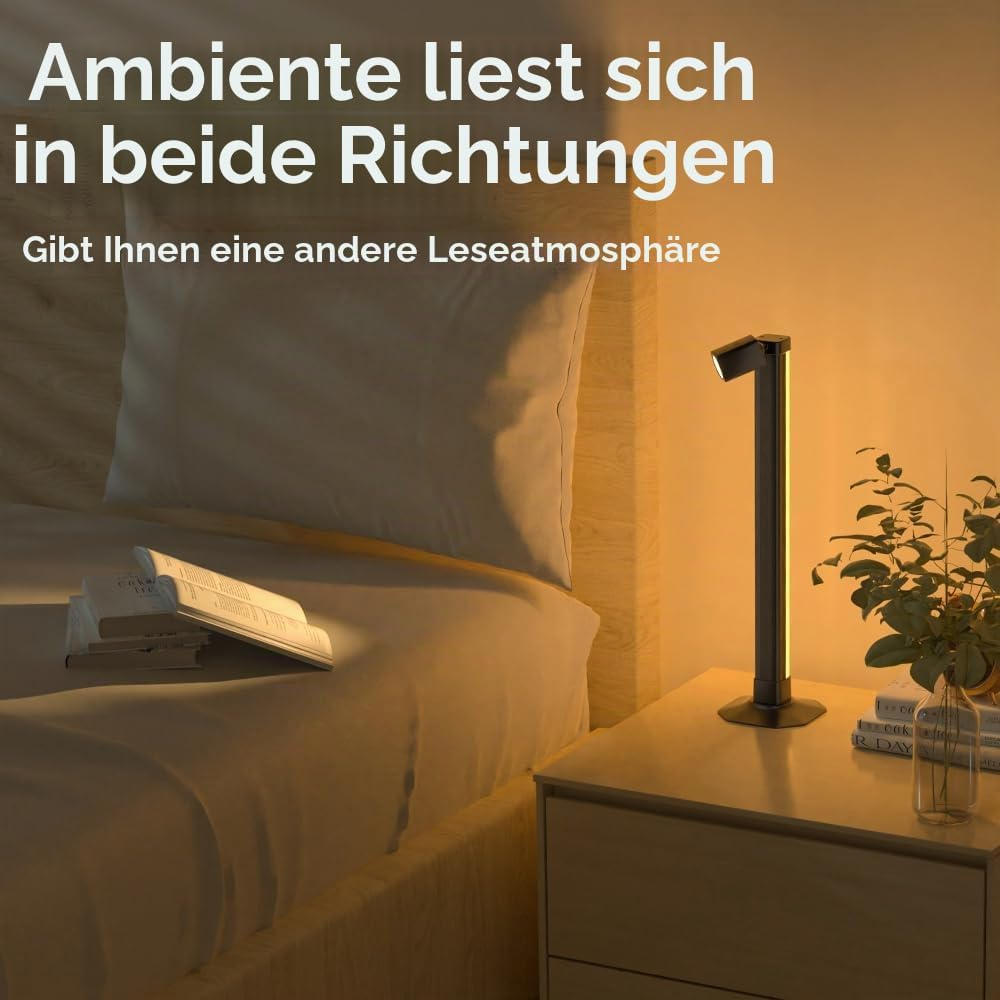 Eine moderne schwarze LED-Leuchte auf einem Nachttisch beleuchtet ein Schlafzimmer mit einem offenen Buch im Bett.