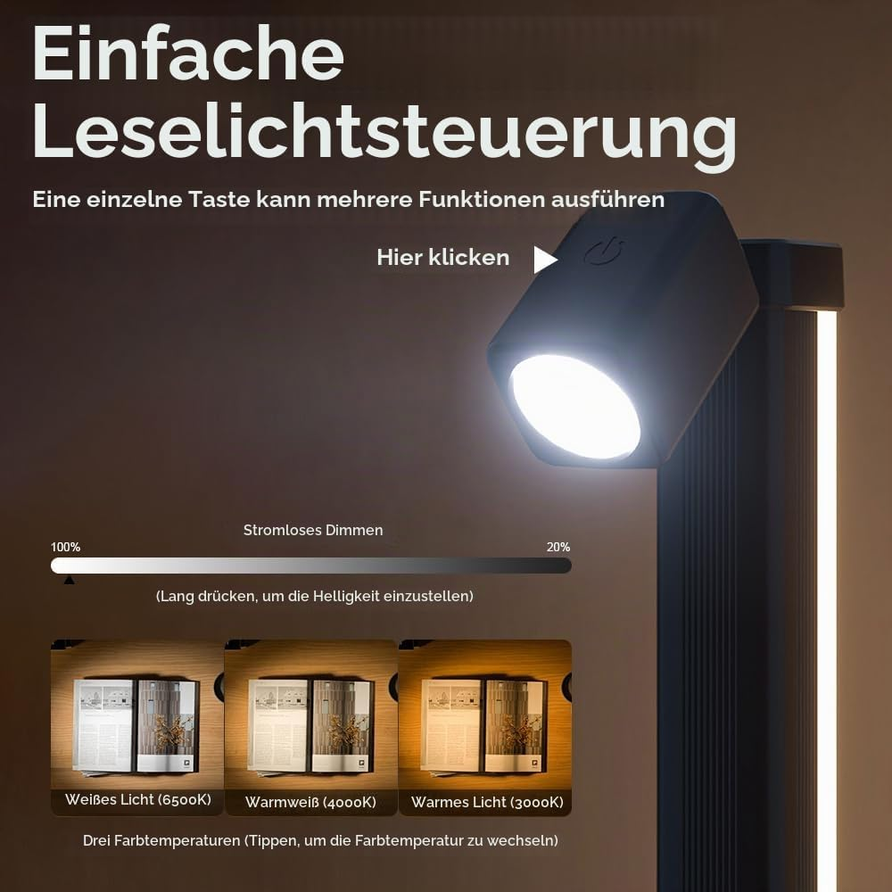 Eine schwarze Leselampe mit Touch-Steuerung, Dimmer und drei Farbtemperaturen beleuchtet ein aufgeschlagenes Buch.