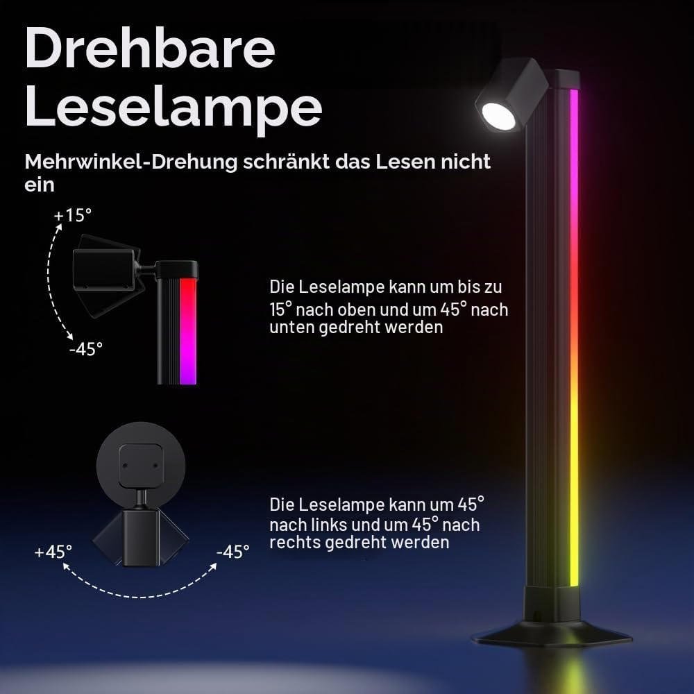 Eine drehbare LED-Stehlampe mit verstellbarem Leselicht und mehrfarbigen RGB-Effekten auf dunklem Hintergrund.