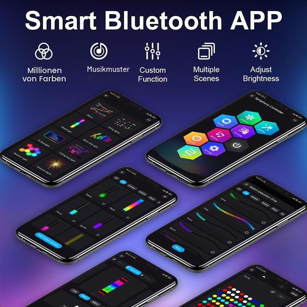Smart Bluetooth App-Schnittstelle mit Farb- und Szenensteuerungsoptionen auf mehreren Smartphone-Bildschirmen.