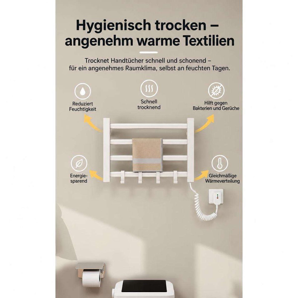 Ein weißer elektrischer Handtuchwärmer an der Wand mit Symbolen, die seine Vorteile wie Energiesparen und schnelle Trocknung erklären.