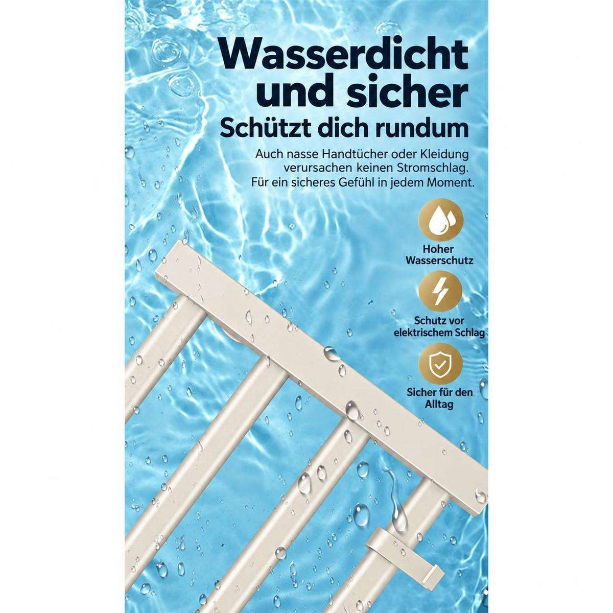 Wasserdichter Handtuchwärmer mit Schutz vor elektrischem Schlag, illustriert vor blauem Wassertropfen-Hintergrund.