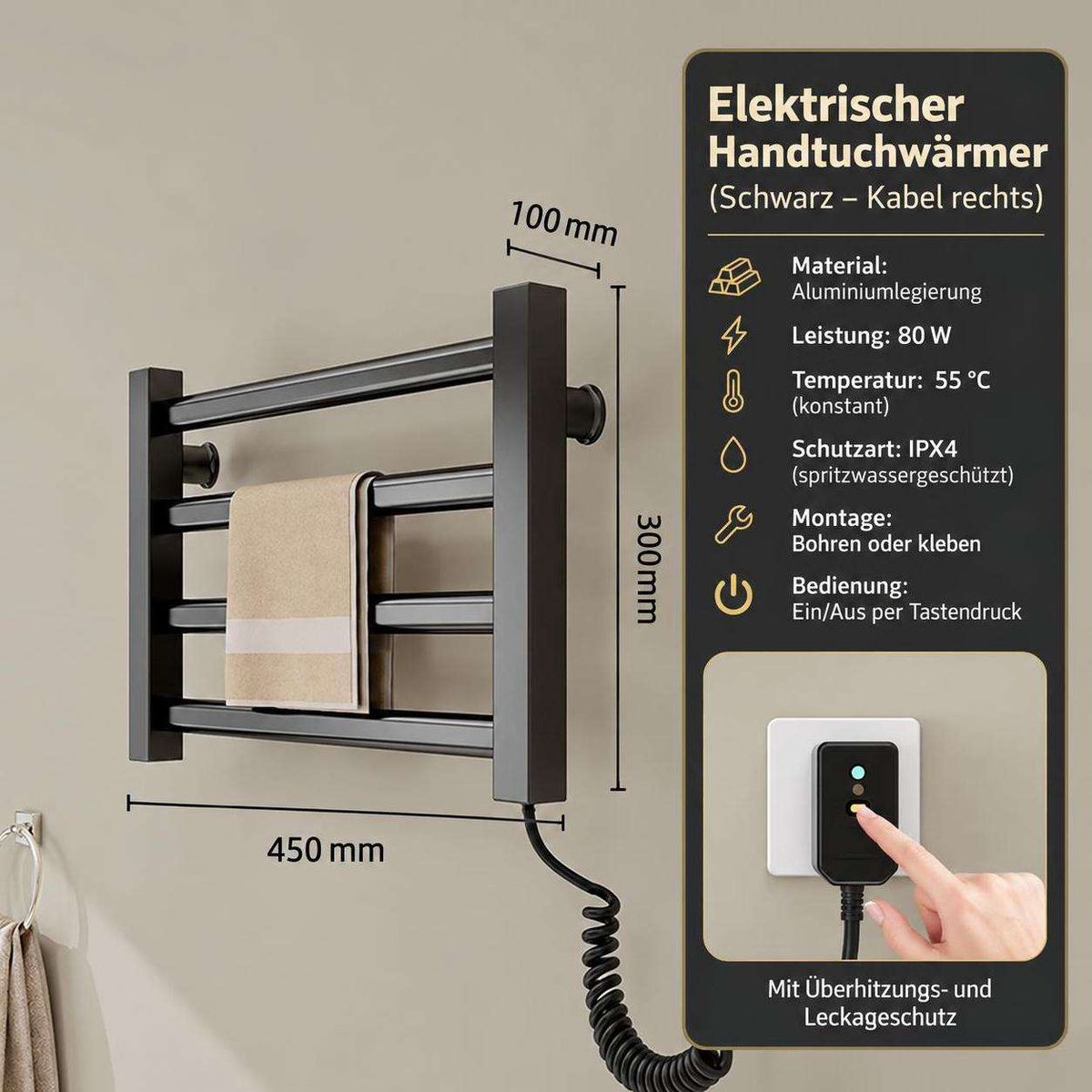 Schwarzer elektrischer Handtuchwärmer mit Kabel, Maßen und technischen Details auf einem Infografik-Hintergrund.