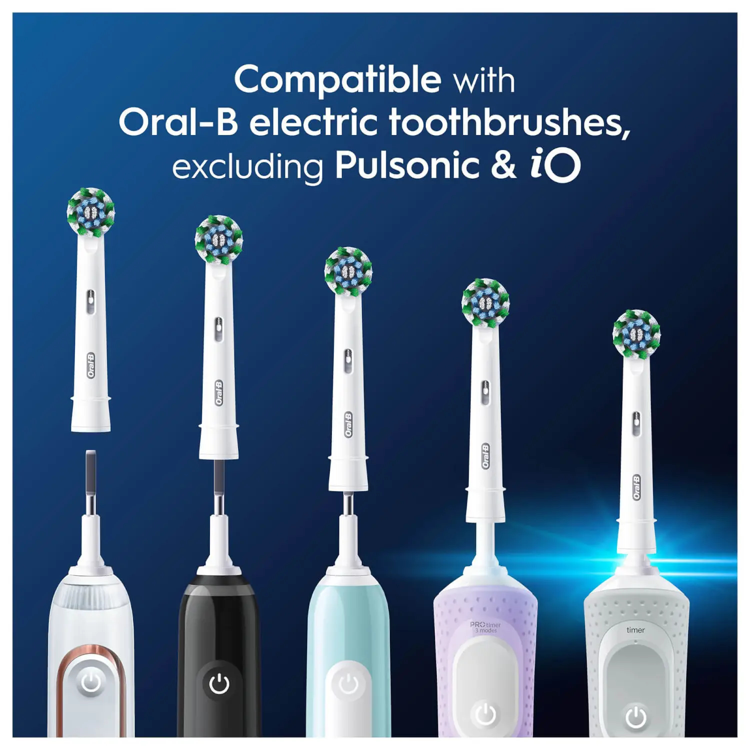 Kompatibel mit Oral-B elektrischen Zahnbürsten, außer Pulsonic und iO.