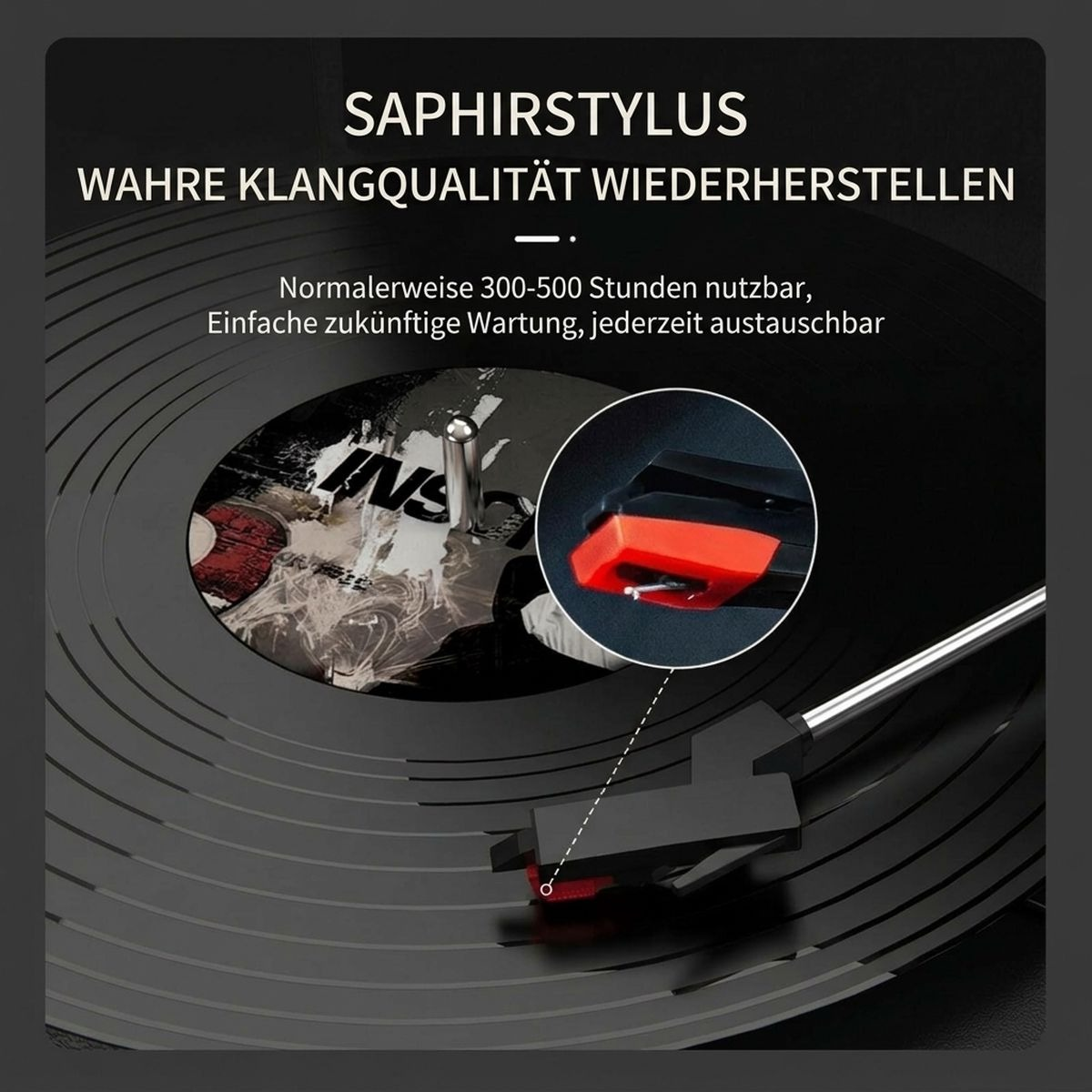 Nahaufnahme einer Plattenspielernadel auf einer schwarzen Schallplatte, mit deutschem Text und einer Lupe für die Nadel.