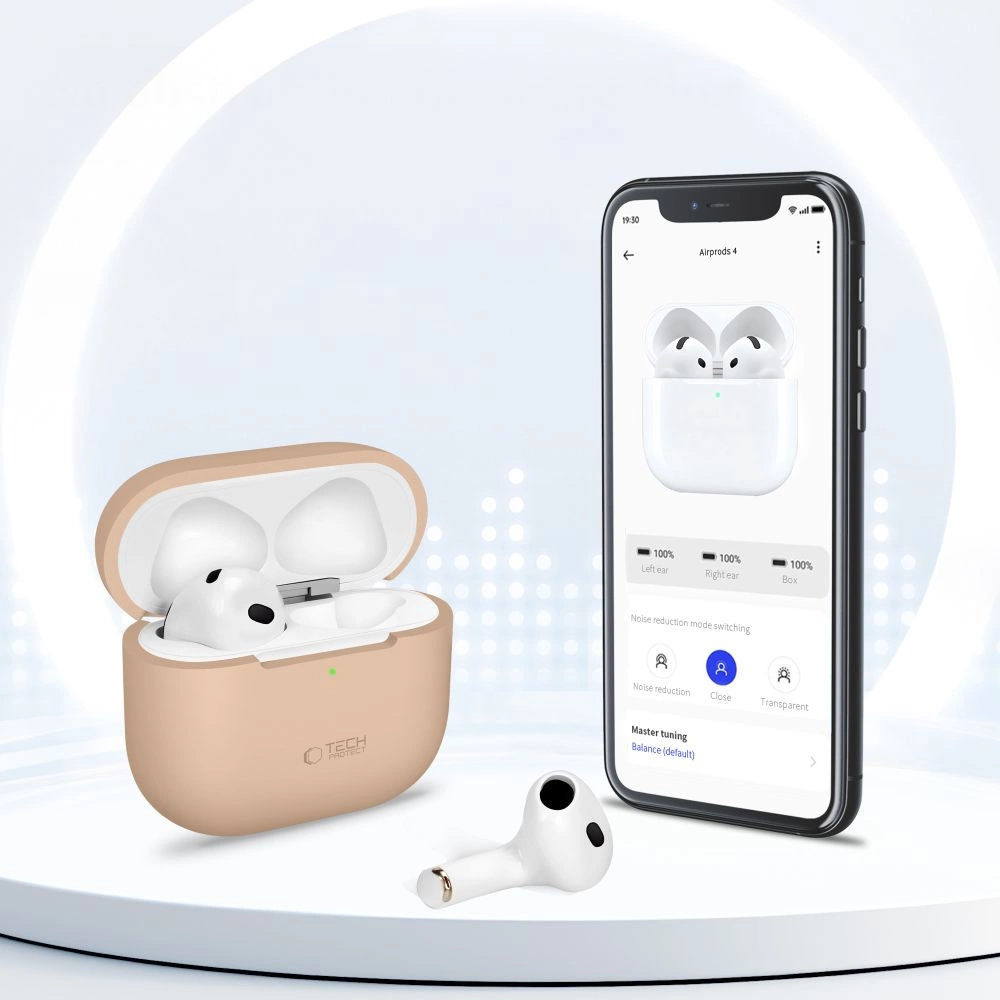 Custodia beige con auricolari bianchi e smartphone su un tavolo.