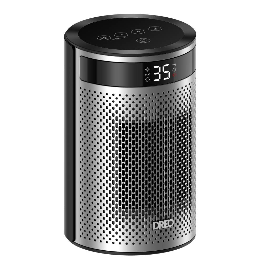 Un calefactor cilíndrico negro y plateado Dreo con pantalla digital de temperatura.