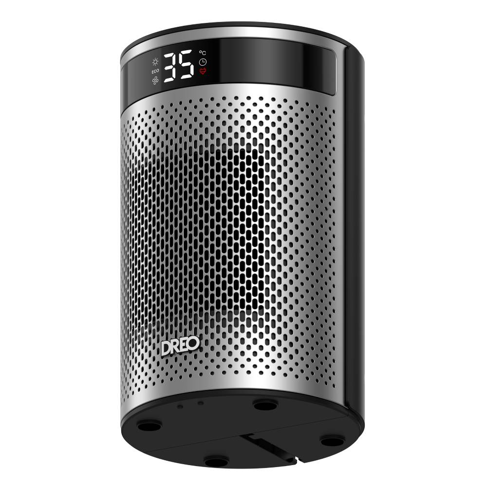 Calefactor cilíndrico plateado Dreo con panel superior negro, pantalla digital y rejilla metálica perforada sobre fondo blanco.