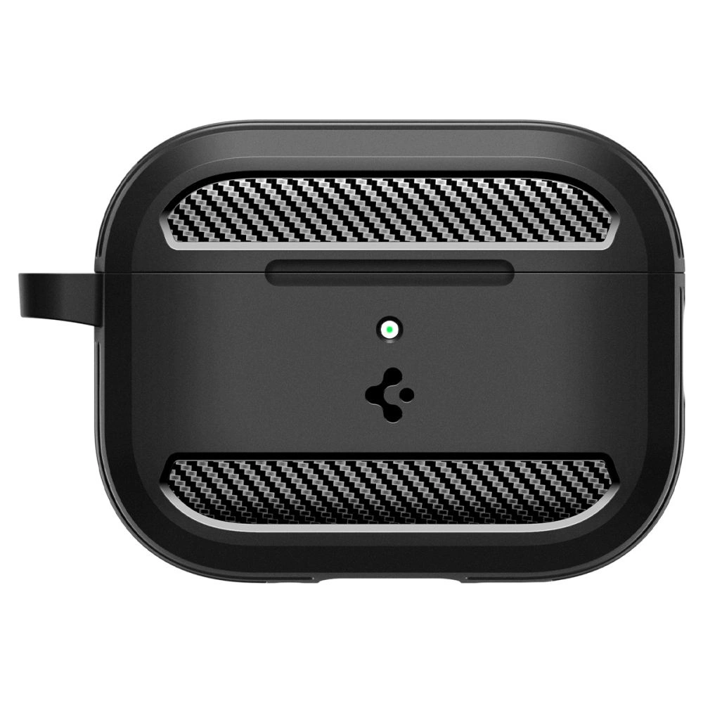 Custodia protettiva nera per auricolari wireless con accento in fibra di carbonio e una piccola spia.