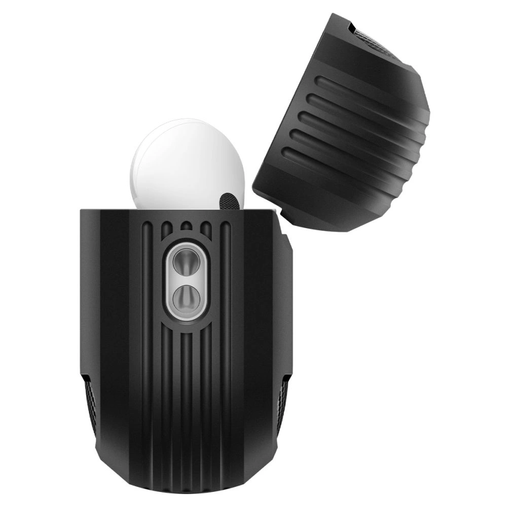 Un auricolare wireless bianco si trova in una custodia protettiva nera aperta e testurizzata.