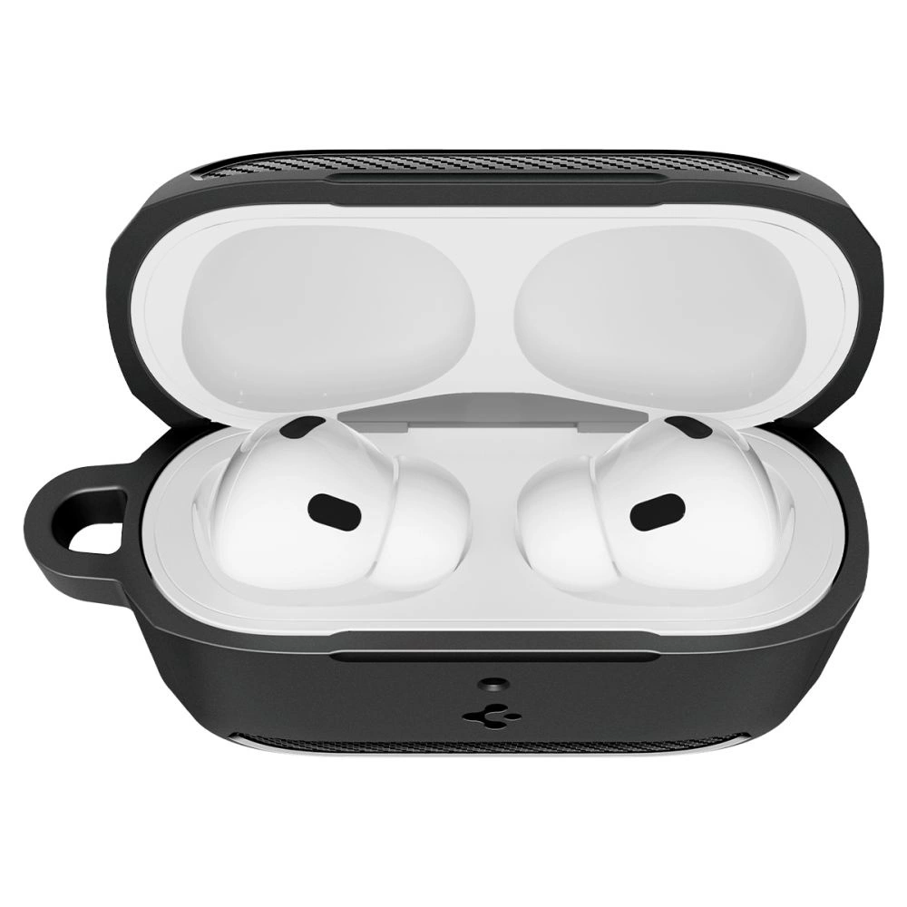 Custodia nera aperta contenente auricolari wireless bianchi all'interno, su sfondo bianco.