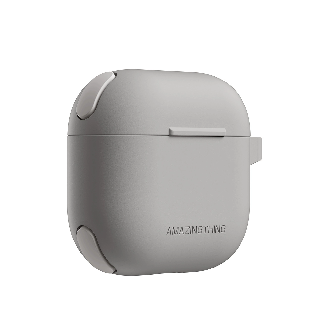 Una custodia in silicone grigio per AirPods con chiusure integrate e il marchio AMAZINGTHING.