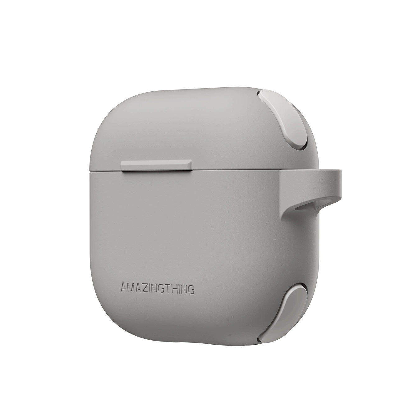 Custodia protettiva in silicone grigio chiaro per auricolari wireless, con il marchio 'AMAZINGTHING' sul davanti.