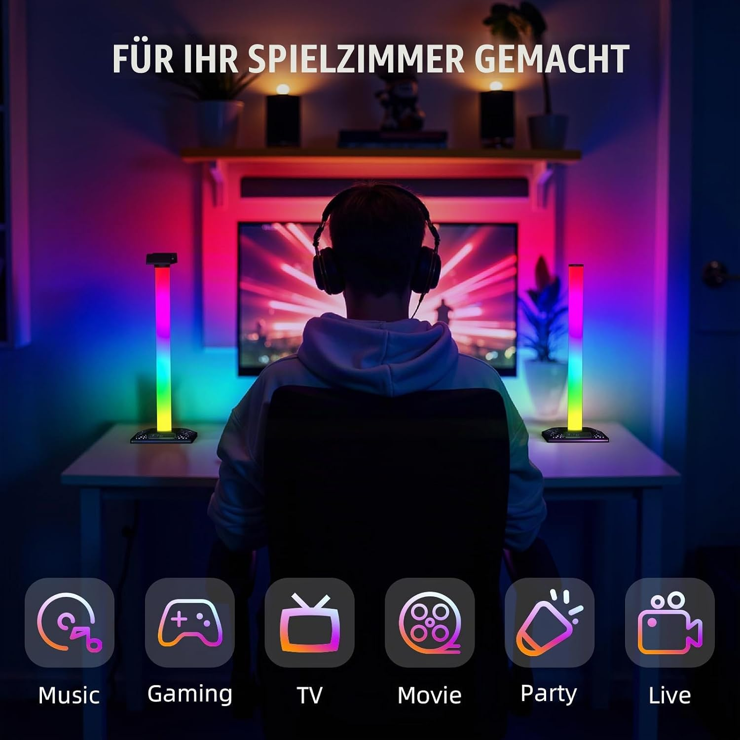 Ein Gamer sitzt vor einem Bildschirm, flankiert von zwei bunten LED-Leuchtstäben in einem farbig beleuchteten Zimmer.