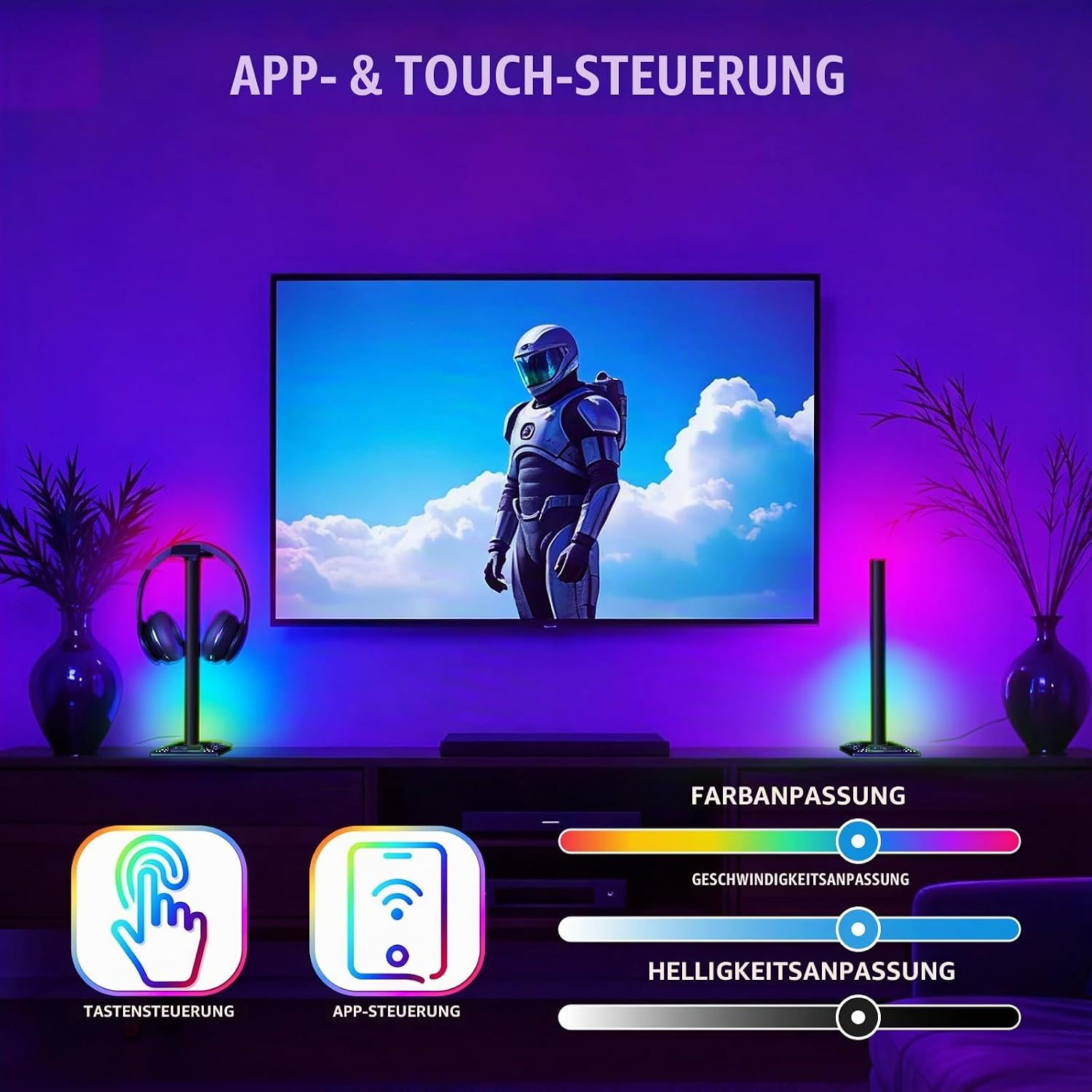 Ein Fernseher mit Astronautenbild steht zwischen bunten RGB-Leuchten, Kopfhörern und Steuerungs-Grafiken an einer Wand.