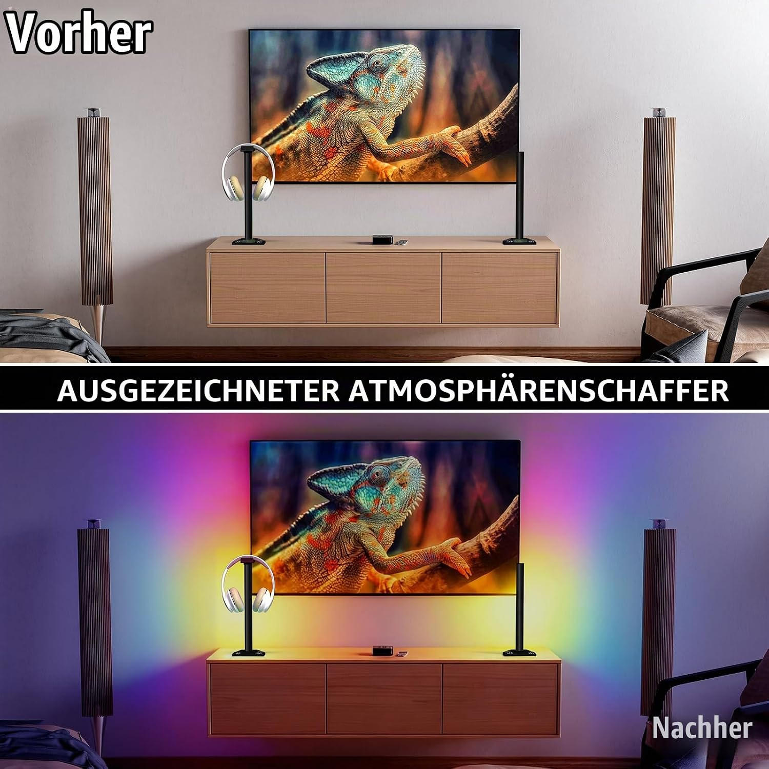 Vorher-Nachher-Vergleich eines Wohnzimmers mit TV-Hintergrundbeleuchtung für lebendige Farben.