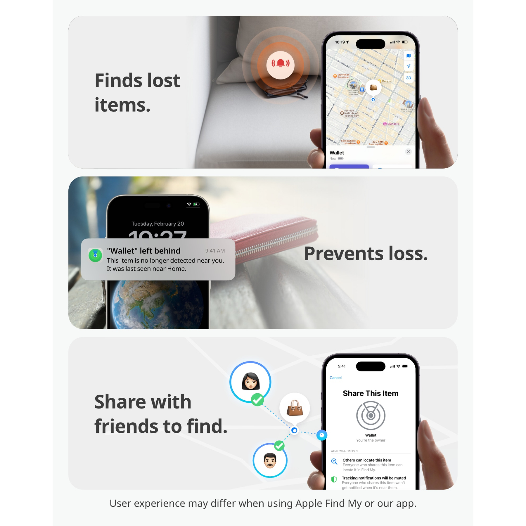 Drei Werbebilder zeigen Funktionen einer Such-App: Gegenstände finden, Verlust vorbeugen und mit Freunden teilen.