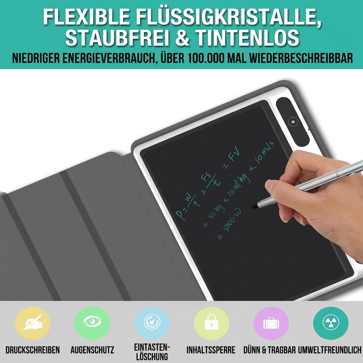 Eine Hand schreibt mit einem Stift auf ein digitales Notizbuch mit physikalischen Formeln auf dem Display.