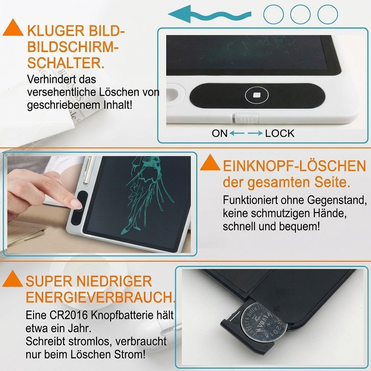 Anleitung zum LCD-Schreibtablett mit Schalter, Löschtaste und Batterie.