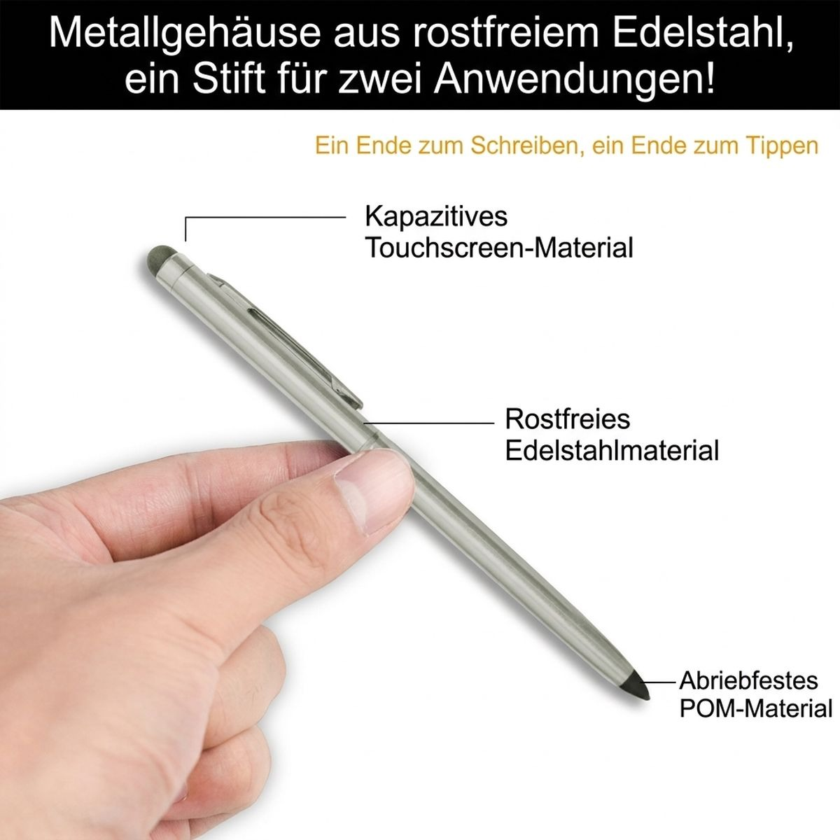 Hand hält einen silbernen Metallstift mit Touchscreen-Spitze und erklärenden Texten auf Deutsch.