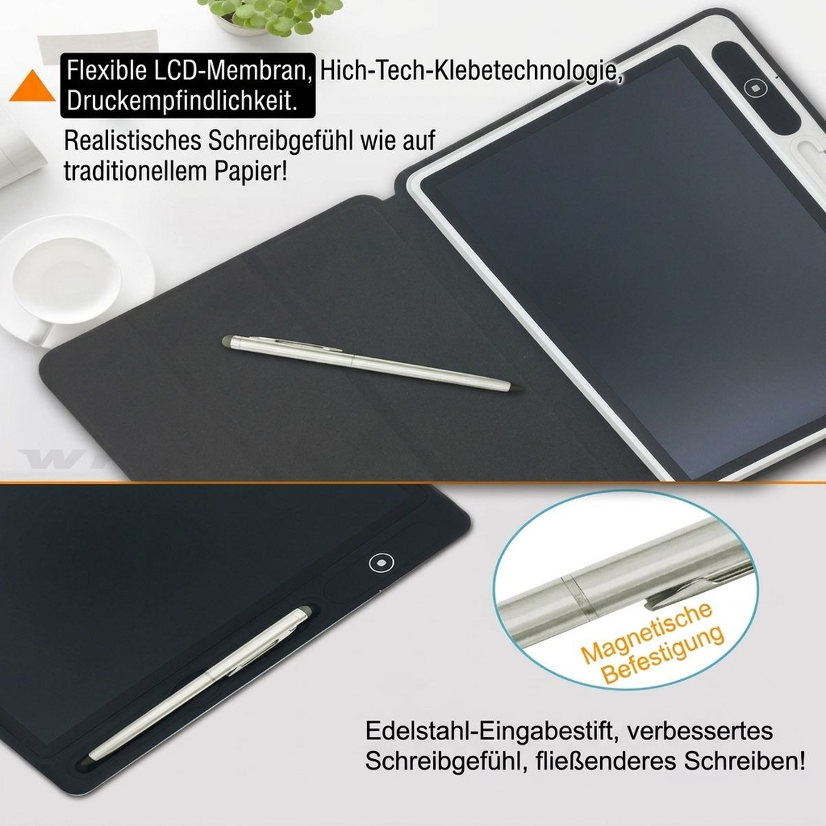 Ein elektronisches Schreibtablett mit Eingabestift, schwarzer Hülle, Kaffeetasse und deutschem Werbetext.