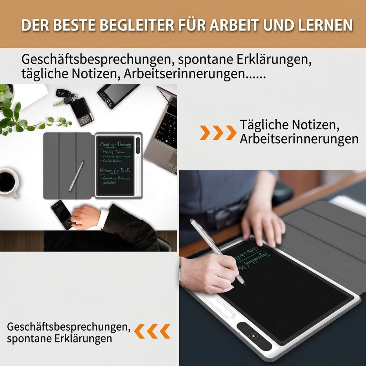Werbebild für ein digitales Schreibtablett auf einem Schreibtisch mit Notizen, Stift und Laptop.
