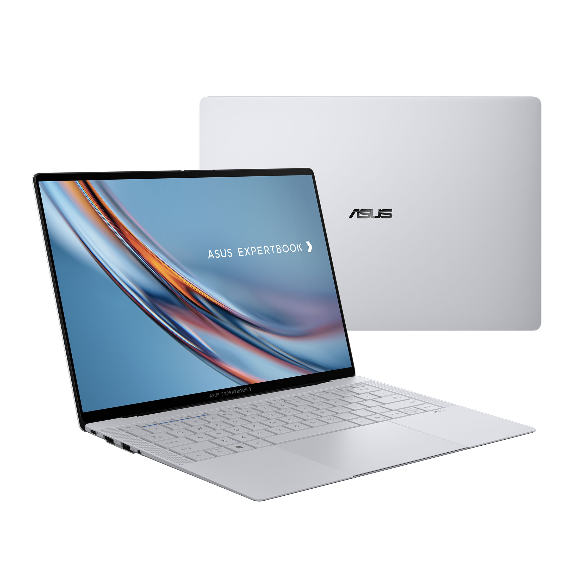 Ein geöffneter, silberner ASUS ExpertBook Laptop mit Bildschirm und Tastatur und dem geschlossenen Deckel dahinter.
